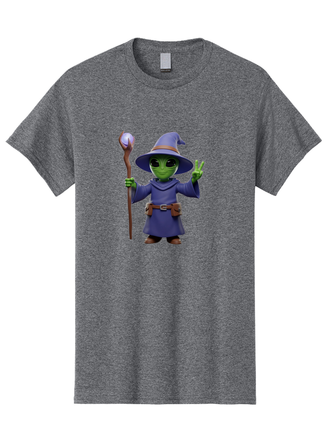 Wizard-Alien Men'S Graphic Tee, 100% Cotton, Comfortable Casual Summer Wear, Machine Washable, Cartoon Wizard, Alien Character, Fantasy Creature, Green Skin, Purple Robes, Magic Staff, Peace Sign, Mystical Powers, Otherworldly Being, Bac569