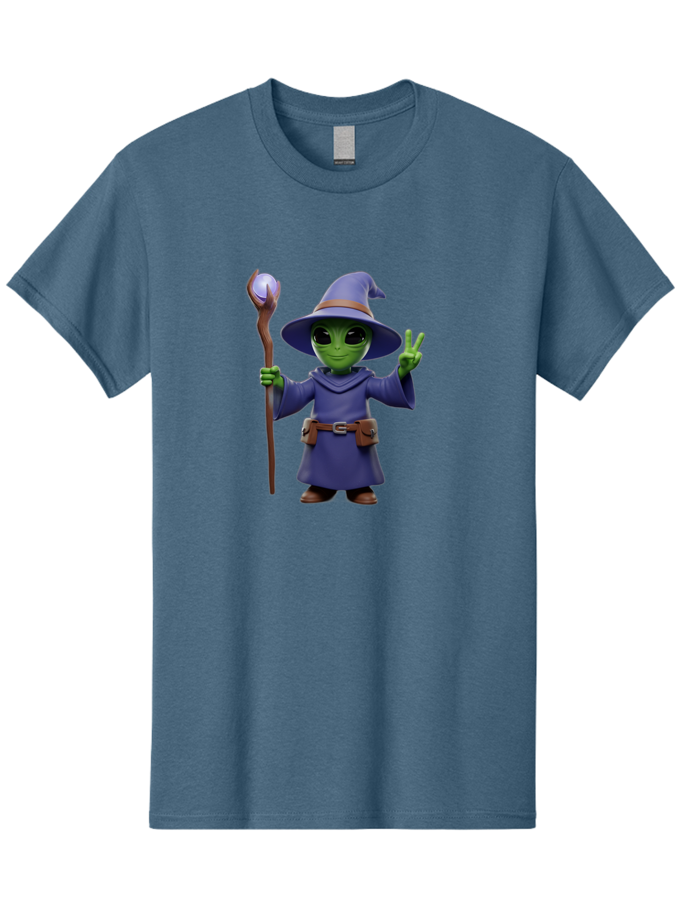 Wizard-Alien Men'S Graphic Tee, 100% Cotton, Comfortable Casual Summer Wear, Machine Washable, Cartoon Wizard, Alien Character, Fantasy Creature, Green Skin, Purple Robes, Magic Staff, Peace Sign, Mystical Powers, Otherworldly Being, Bac569