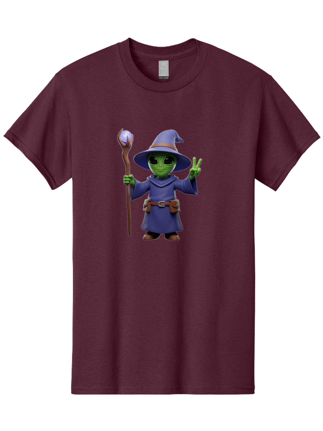 Wizard-Alien Men'S Graphic Tee, 100% Cotton, Comfortable Casual Summer Wear, Machine Washable, Cartoon Wizard, Alien Character, Fantasy Creature, Green Skin, Purple Robes, Magic Staff, Peace Sign, Mystical Powers, Otherworldly Being, Bac569