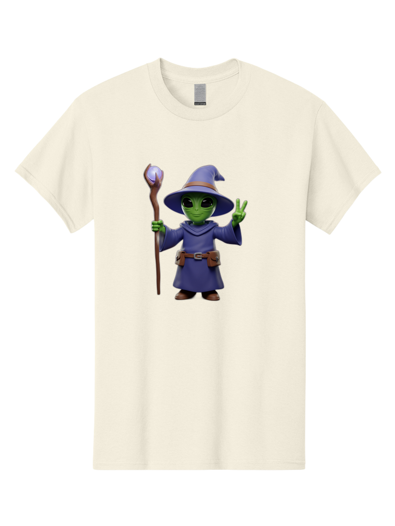 Wizard-Alien Men'S Graphic Tee, 100% Cotton, Comfortable Casual Summer Wear, Machine Washable, Cartoon Wizard, Alien Character, Fantasy Creature, Green Skin, Purple Robes, Magic Staff, Peace Sign, Mystical Powers, Otherworldly Being, Bac569