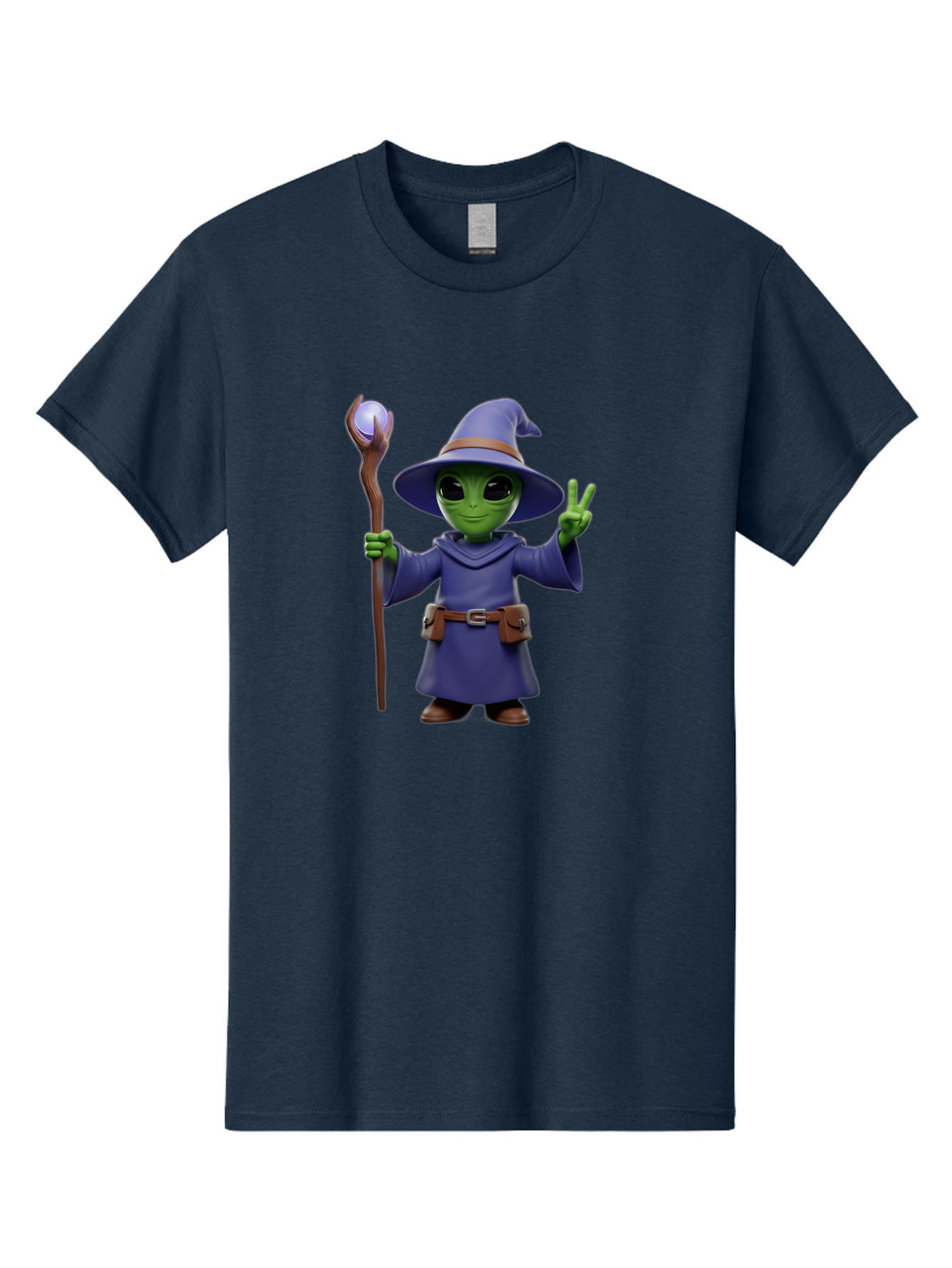 Wizard-Alien Men'S Graphic Tee, 100% Cotton, Comfortable Casual Summer Wear, Machine Washable, Cartoon Wizard, Alien Character, Fantasy Creature, Green Skin, Purple Robes, Magic Staff, Peace Sign, Mystical Powers, Otherworldly Being, Bac569
