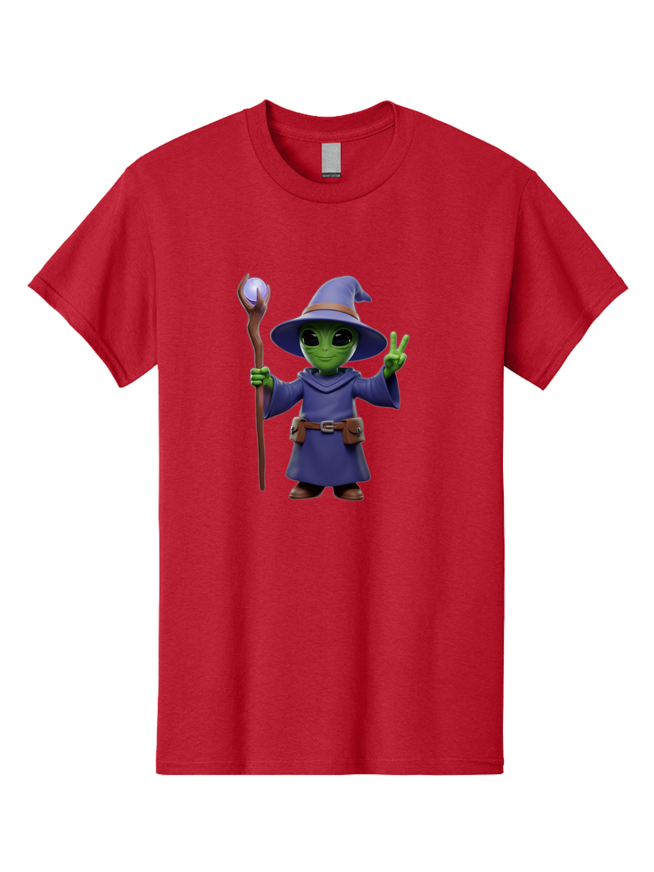 Wizard-Alien Men'S Graphic Tee, 100% Cotton, Comfortable Casual Summer Wear, Machine Washable, Cartoon Wizard, Alien Character, Fantasy Creature, Green Skin, Purple Robes, Magic Staff, Peace Sign, Mystical Powers, Otherworldly Being, Bac569