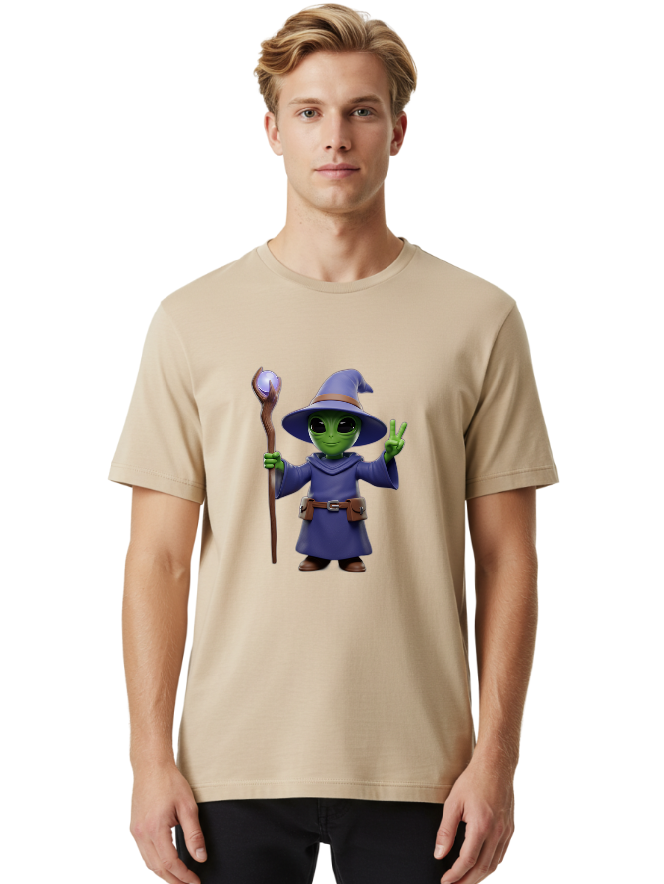 Wizard-Alien Men'S Graphic Tee, 100% Cotton, Comfortable Casual Summer Wear, Machine Washable, Cartoon Wizard, Alien Character, Fantasy Creature, Green Skin, Purple Robes, Magic Staff, Peace Sign, Mystical Powers, Otherworldly Being, Bac569