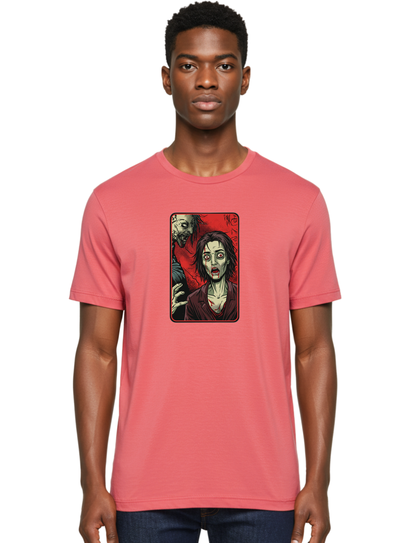 Zombie-Illustration Men'S Graphic Tee, 100% Cotton, Comfortable Casual Summer Wear, Machine Washable, Zombie Outbreak, Undead Creatures, Horror Scene, Post-Apocalyptic Chaos, Terrifying Atmosphere, Dark Fantasy, Red Eyes, Sharp Teeth, Bac570