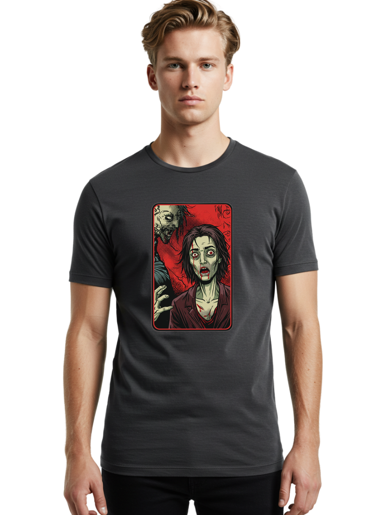Zombie-Illustration Men'S Graphic Tee, 100% Cotton, Comfortable Casual Summer Wear, Machine Washable, Zombie Outbreak, Undead Creatures, Horror Scene, Post-Apocalyptic Chaos, Terrifying Atmosphere, Dark Fantasy, Red Eyes, Sharp Teeth, Bac570