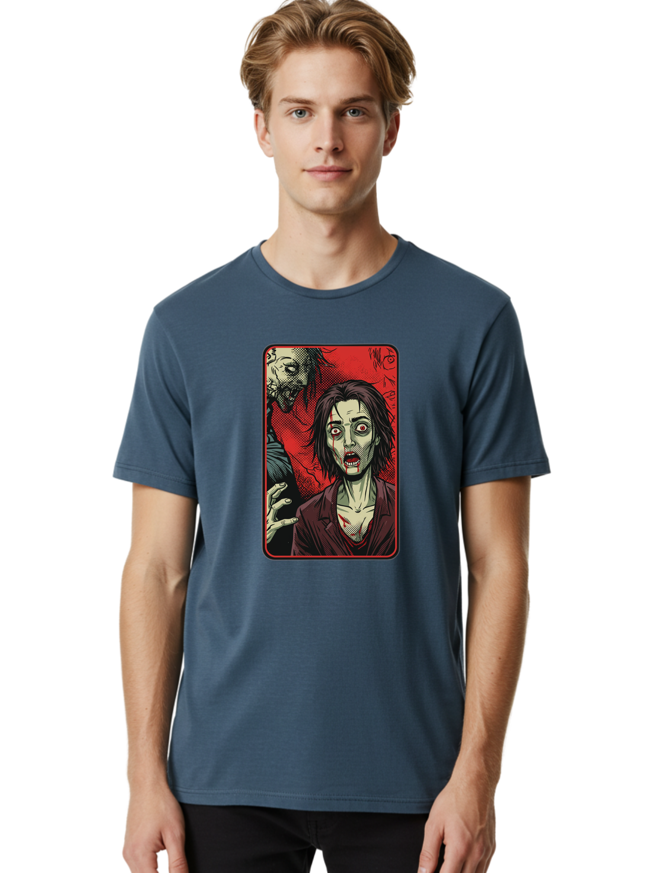 Zombie-Illustration Men'S Graphic Tee, 100% Cotton, Comfortable Casual Summer Wear, Machine Washable, Zombie Outbreak, Undead Creatures, Horror Scene, Post-Apocalyptic Chaos, Terrifying Atmosphere, Dark Fantasy, Red Eyes, Sharp Teeth, Bac570