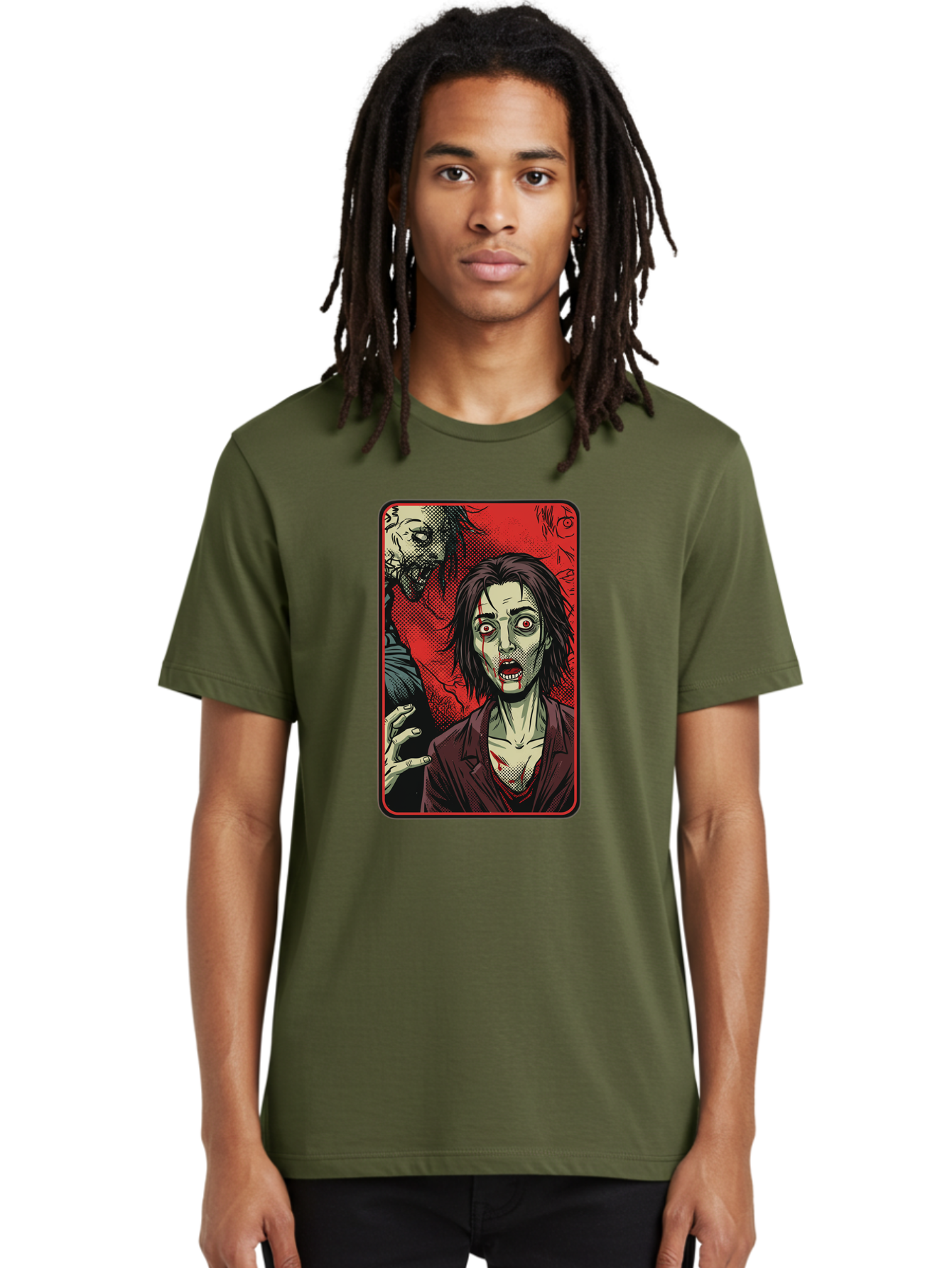 Zombie-Illustration Men'S Graphic Tee, 100% Cotton, Comfortable Casual Summer Wear, Machine Washable, Zombie Outbreak, Undead Creatures, Horror Scene, Post-Apocalyptic Chaos, Terrifying Atmosphere, Dark Fantasy, Red Eyes, Sharp Teeth, Bac570