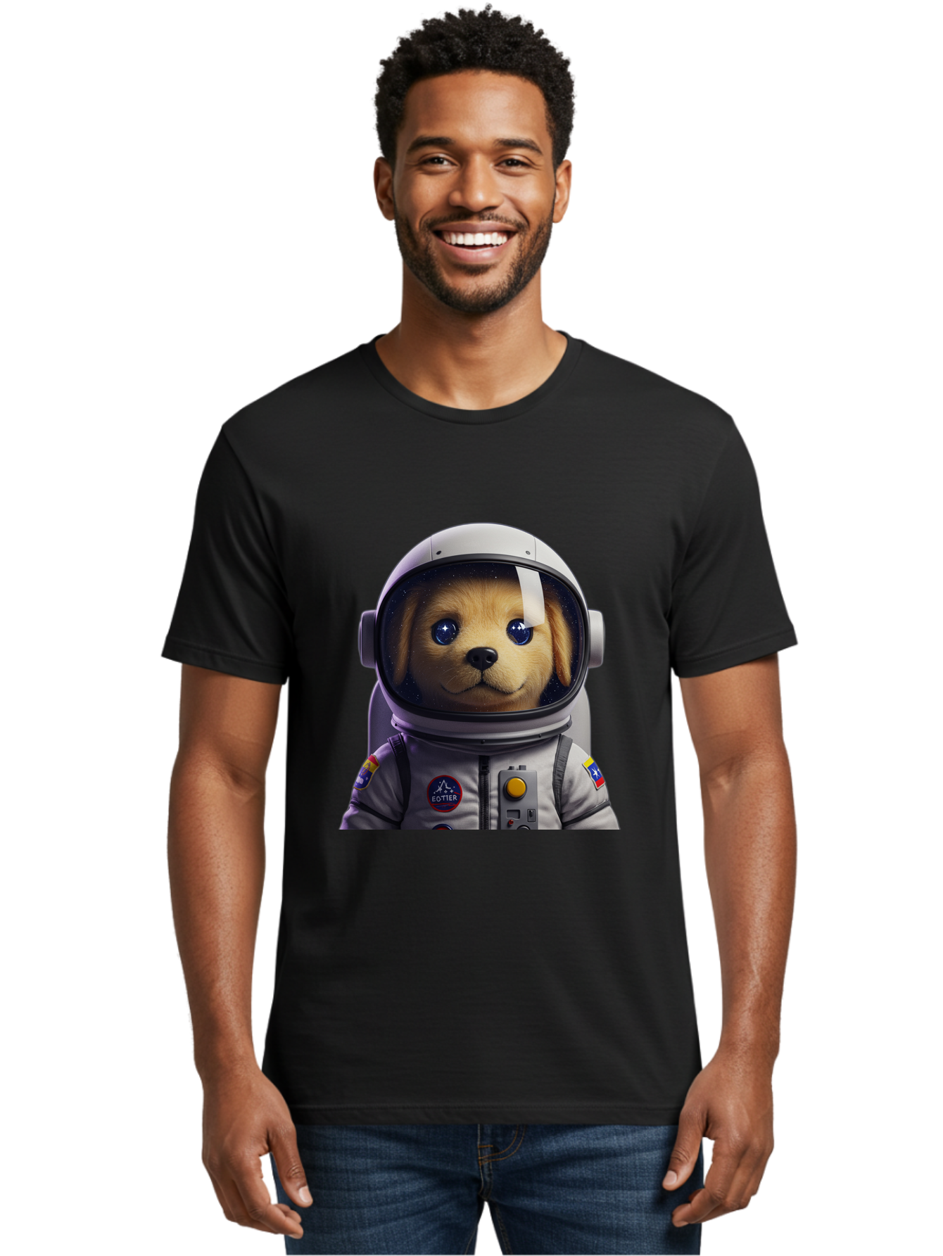 Zotter-Pup-In-Spacesuit Men'S Graphic Tee, 100% Cotton, Comfortable Casual Summer Wear, Machine Washable, Puppy In Space Suit, Dog In Astronaut Helmet, Cotter Logo, Space Exploration, Cute Canine, Futuristic Adventure, Sci-Fi Theme, Bac571