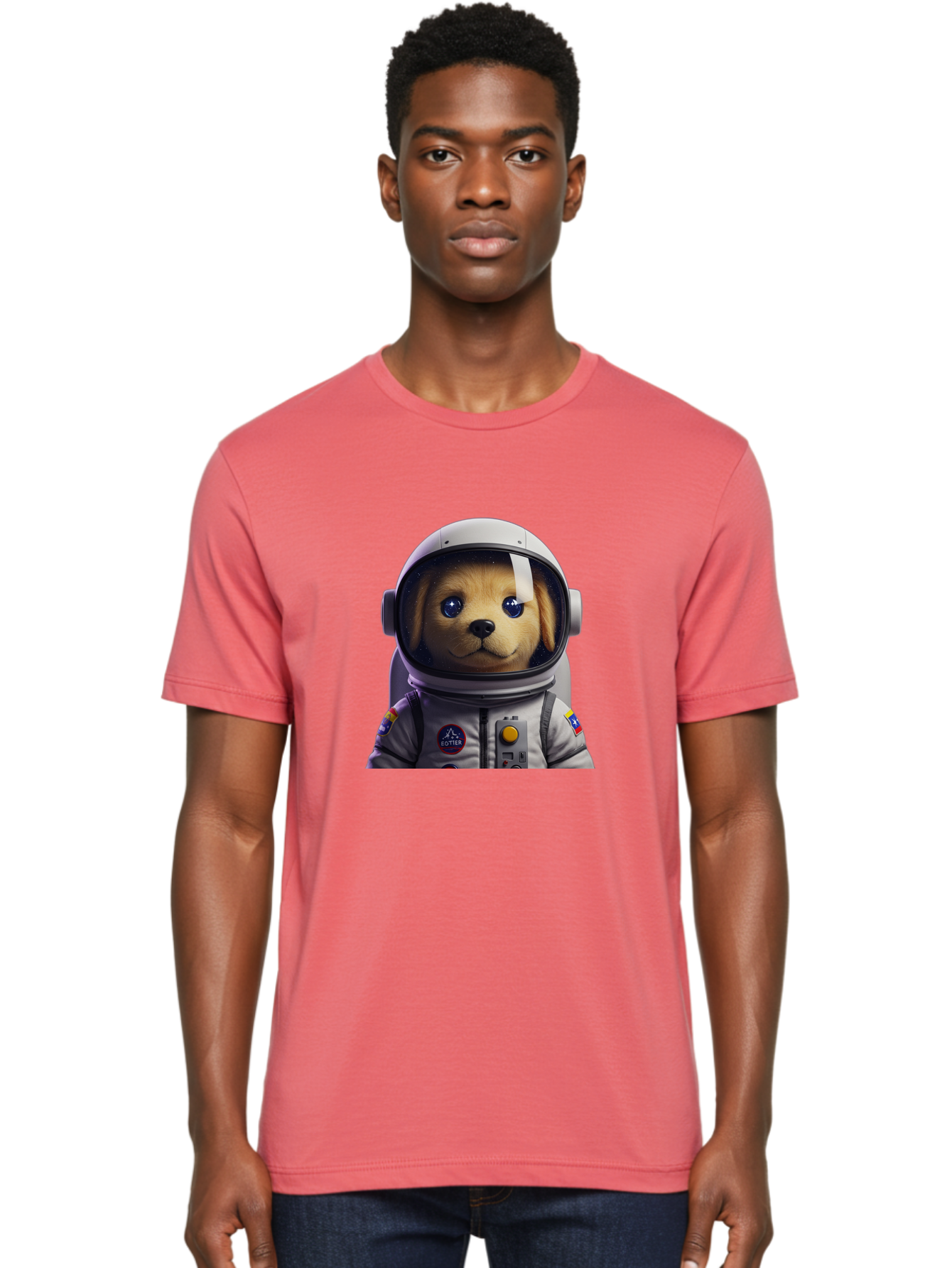 Zotter-Pup-In-Spacesuit Men'S Graphic Tee, 100% Cotton, Comfortable Casual Summer Wear, Machine Washable, Puppy In Space Suit, Dog In Astronaut Helmet, Cotter Logo, Space Exploration, Cute Canine, Futuristic Adventure, Sci-Fi Theme, Bac571