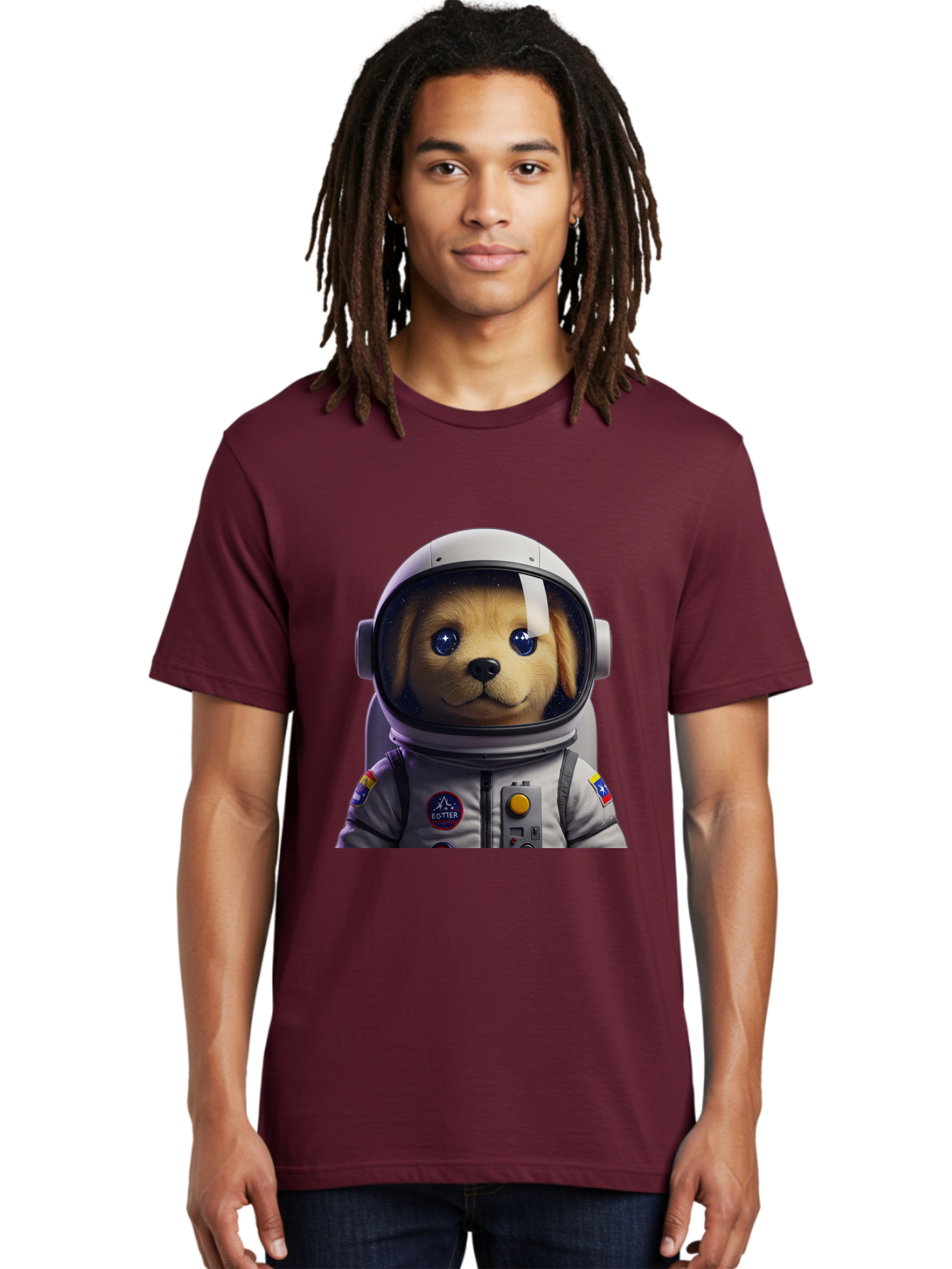 Zotter-Pup-In-Spacesuit Men'S Graphic Tee, 100% Cotton, Comfortable Casual Summer Wear, Machine Washable, Puppy In Space Suit, Dog In Astronaut Helmet, Cotter Logo, Space Exploration, Cute Canine, Futuristic Adventure, Sci-Fi Theme, Bac571