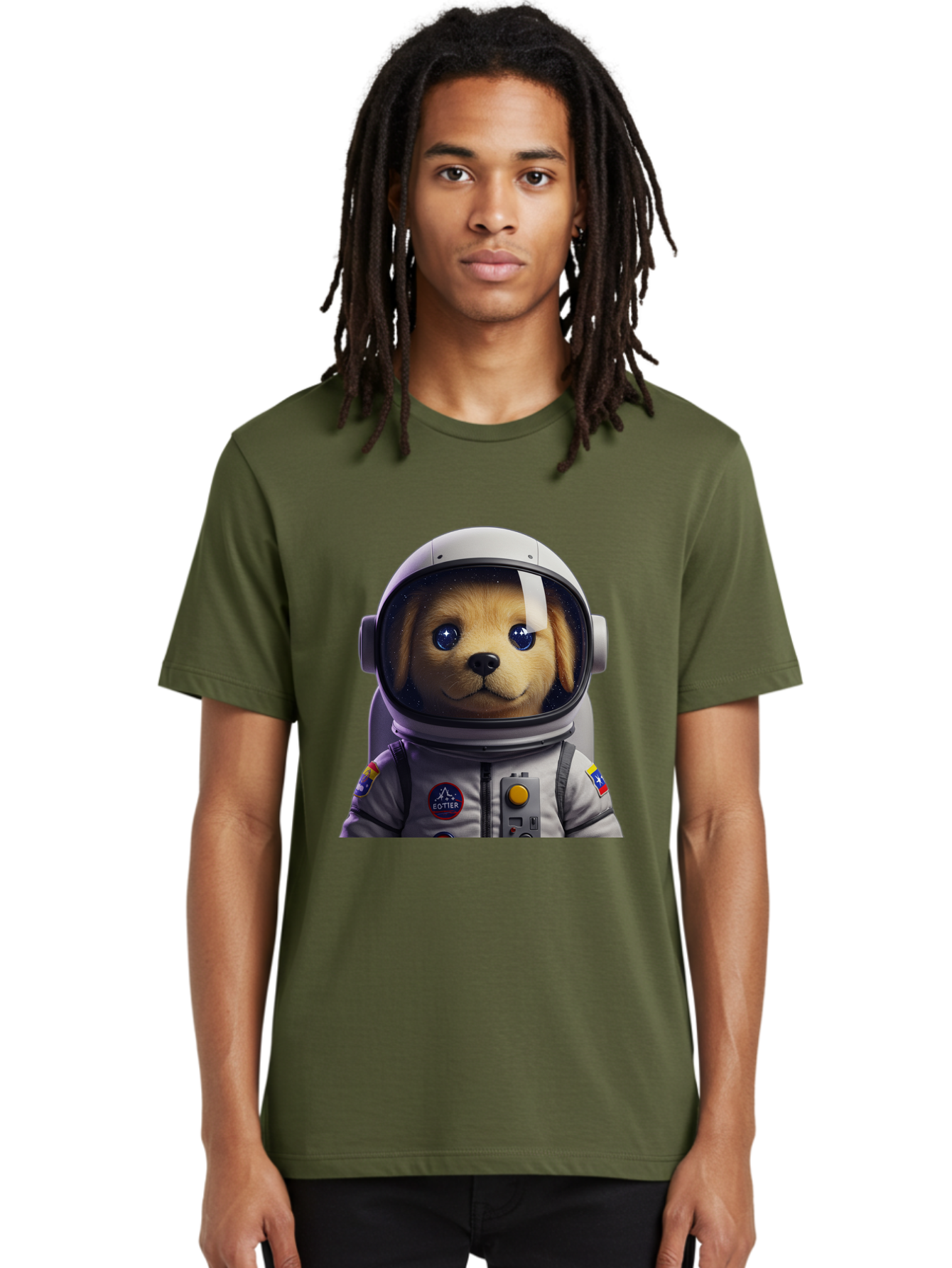 Zotter-Pup-In-Spacesuit Men'S Graphic Tee, 100% Cotton, Comfortable Casual Summer Wear, Machine Washable, Puppy In Space Suit, Dog In Astronaut Helmet, Cotter Logo, Space Exploration, Cute Canine, Futuristic Adventure, Sci-Fi Theme, Bac571