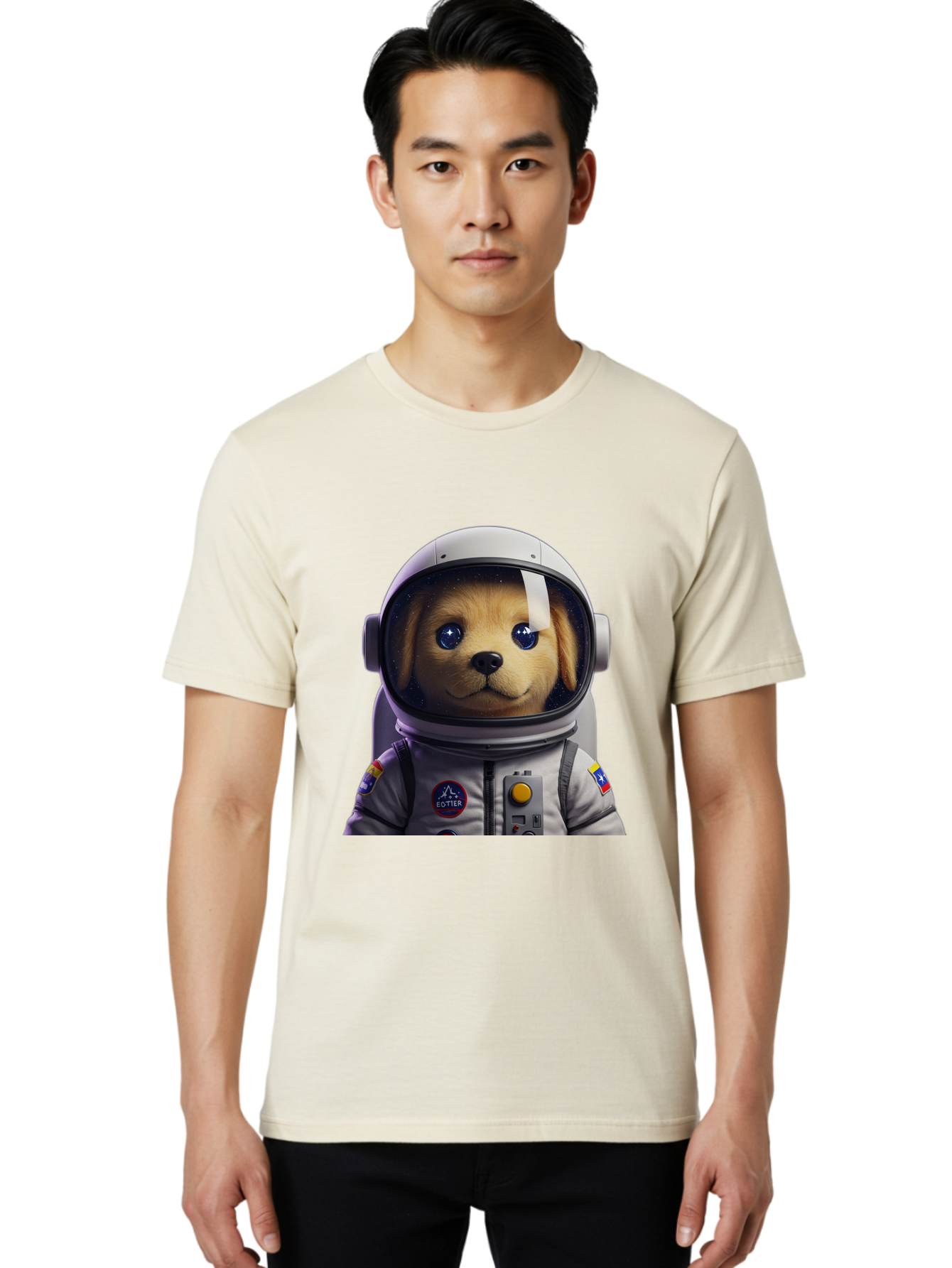 Zotter-Pup-In-Spacesuit Men'S Graphic Tee, 100% Cotton, Comfortable Casual Summer Wear, Machine Washable, Puppy In Space Suit, Dog In Astronaut Helmet, Cotter Logo, Space Exploration, Cute Canine, Futuristic Adventure, Sci-Fi Theme, Bac571