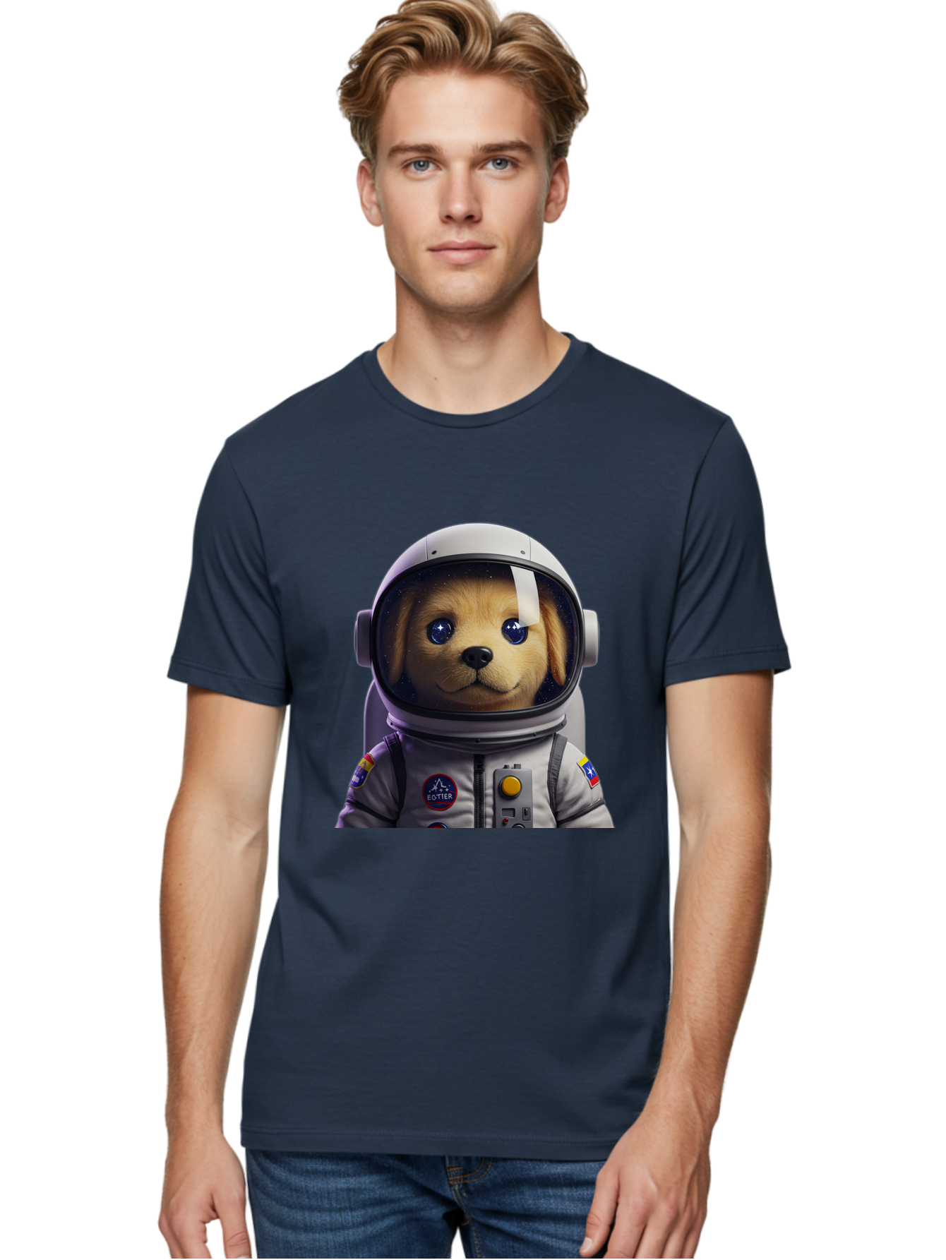 Zotter-Pup-In-Spacesuit Men'S Graphic Tee, 100% Cotton, Comfortable Casual Summer Wear, Machine Washable, Puppy In Space Suit, Dog In Astronaut Helmet, Cotter Logo, Space Exploration, Cute Canine, Futuristic Adventure, Sci-Fi Theme, Bac571