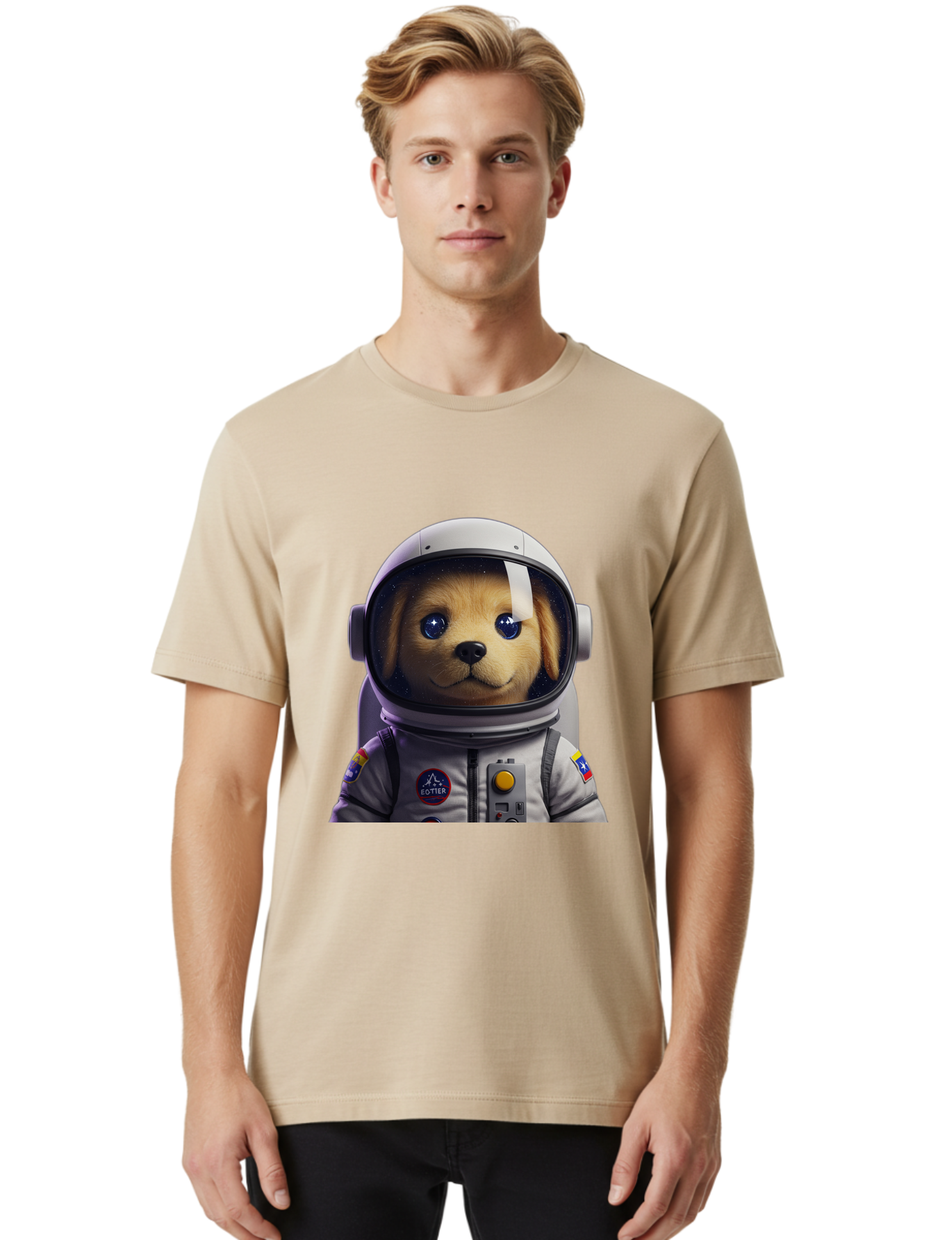Zotter-Pup-In-Spacesuit Men'S Graphic Tee, 100% Cotton, Comfortable Casual Summer Wear, Machine Washable, Puppy In Space Suit, Dog In Astronaut Helmet, Cotter Logo, Space Exploration, Cute Canine, Futuristic Adventure, Sci-Fi Theme, Bac571