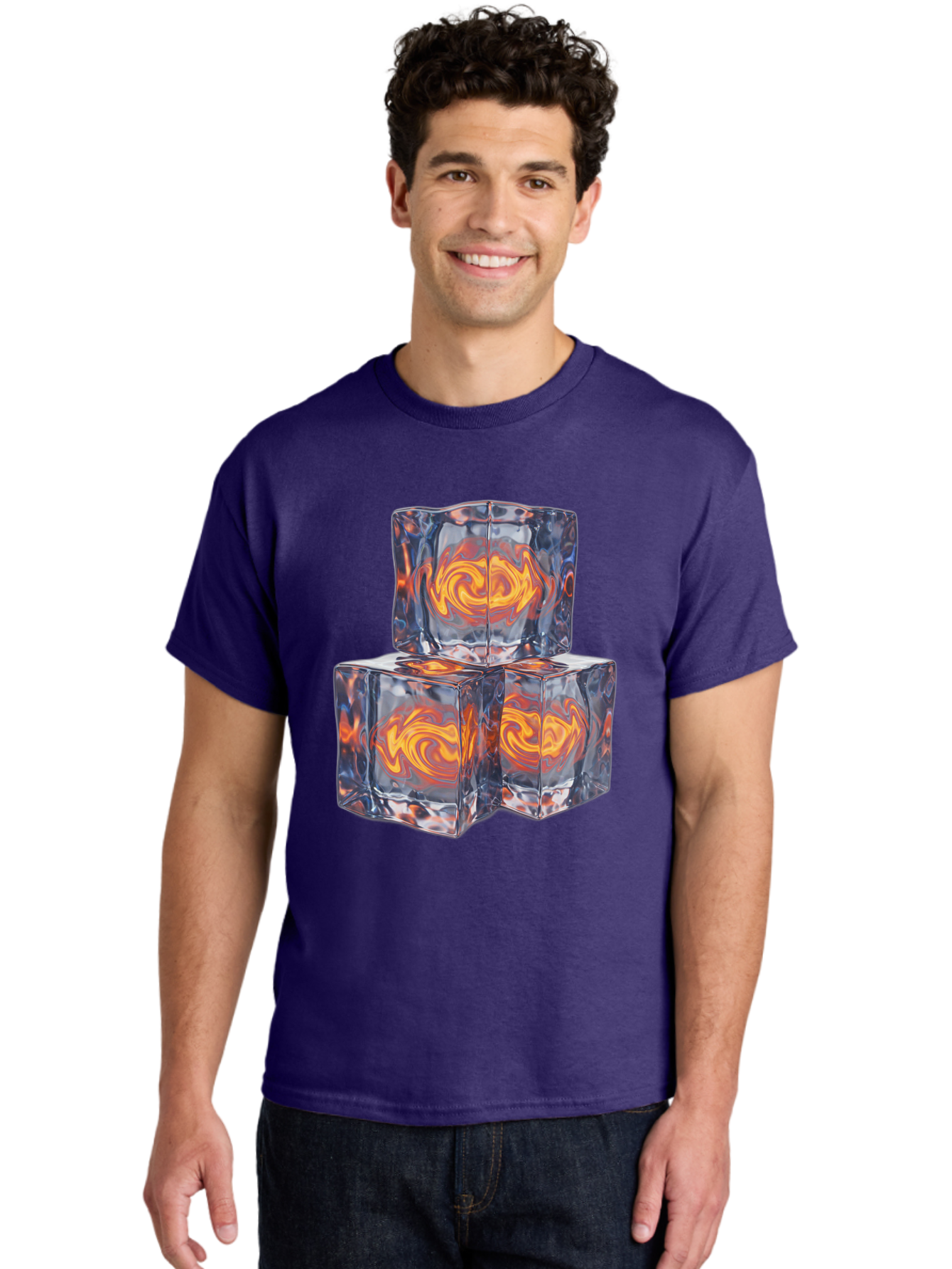 3D-Glass-Cubes Men'S Graphic Tee, 100% Cotton, Comfortable Casual Summer Wear, Machine Washable, Lava Ice, Orange Swirls, Red Molten, Glassy Texture, Reflective Surfaces, Abstract Design, Cube Shape, Fiery Patterns, Cool Contrast Bac574