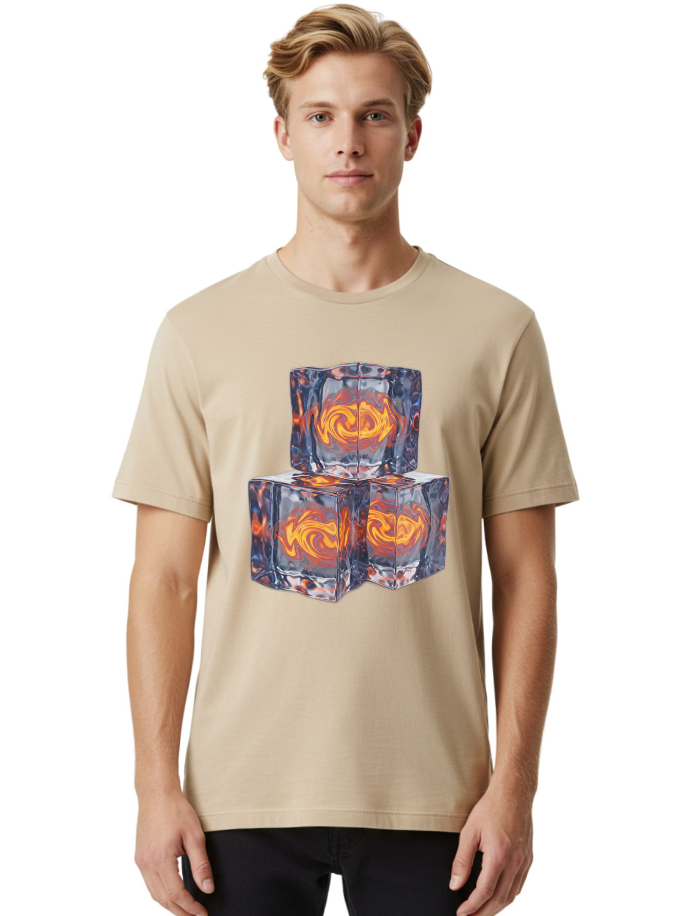3D-Glass-Cubes Men'S Graphic Tee, 100% Cotton, Comfortable Casual Summer Wear, Machine Washable, Lava Ice, Orange Swirls, Red Molten, Glassy Texture, Reflective Surfaces, Abstract Design, Cube Shape, Fiery Patterns, Cool Contrast Bac574