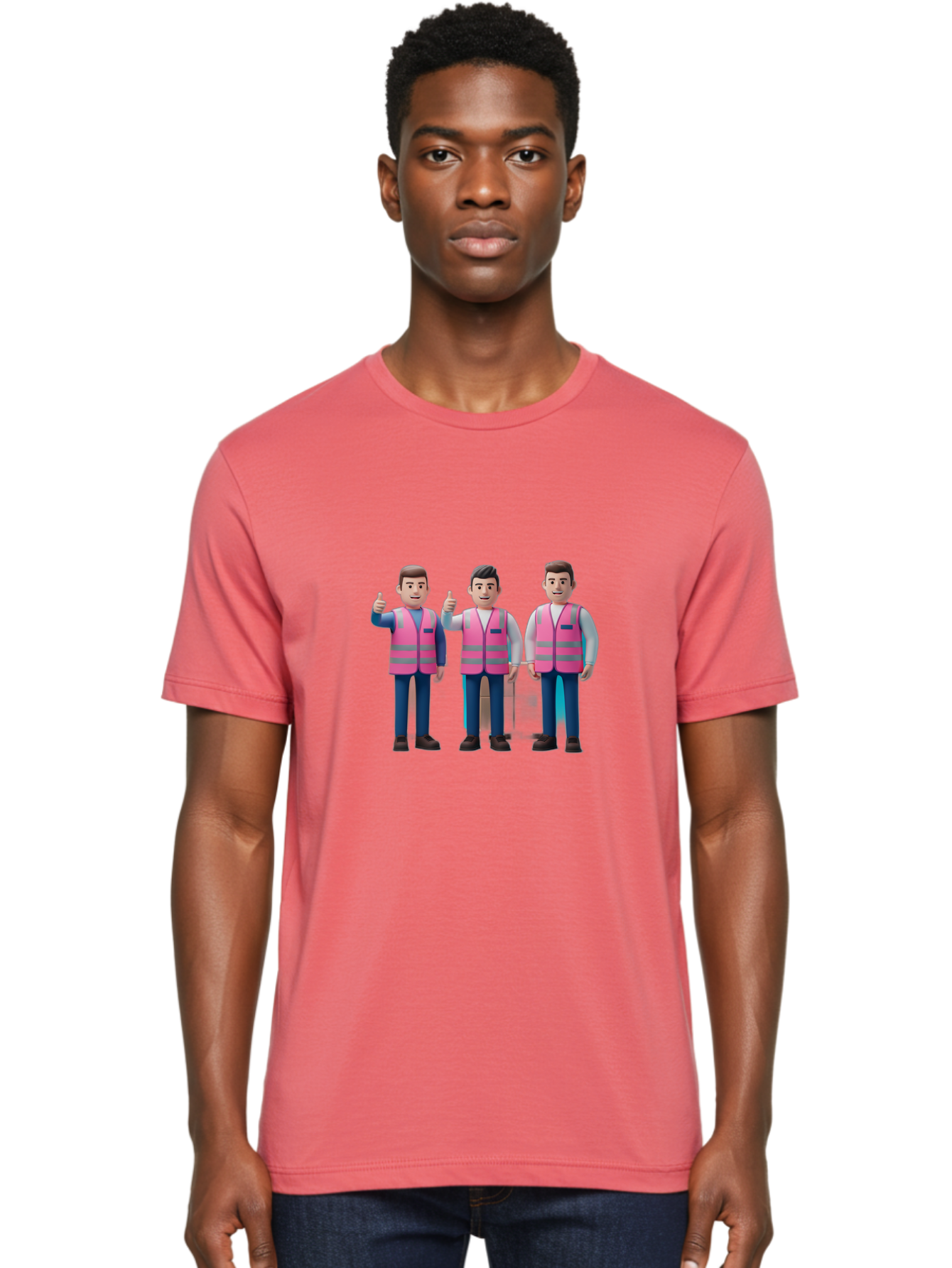 3D-Men-In-Safety-Vests Men'S Graphic Tee, 100% Cotton, Comfortable Casual Summer Wear, Machine Washable, Male Workers Wearing Pink Safety Vests, Construction Workers, 3D Illustration, Thumbs Up, Teamwork, Occupational Safety, Reflective Vests Bac575