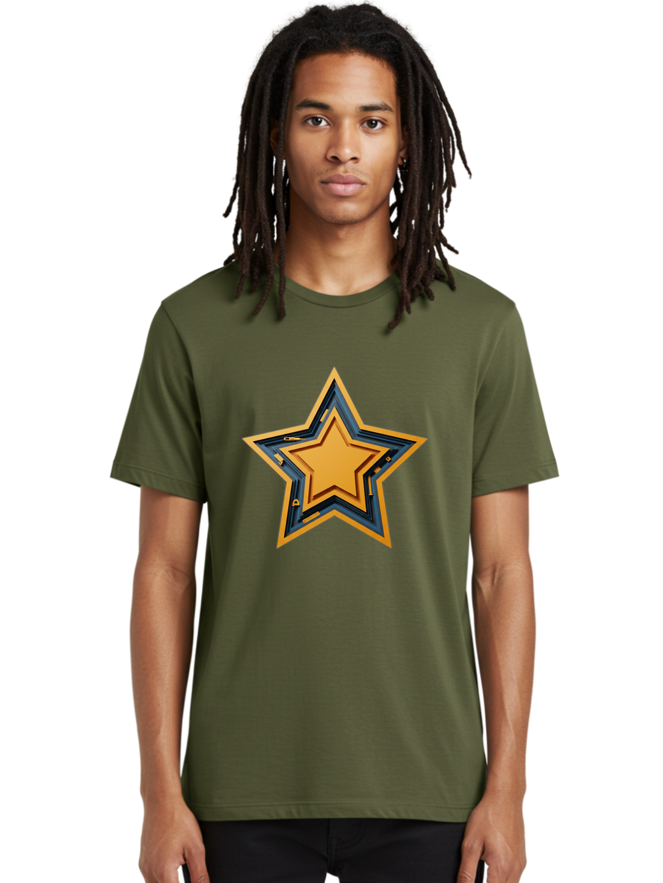 3D-Star Men'S Graphic Tee, 100% Cotton, Comfortable Casual Summer Wear, Machine Washable, Golden Star, Star Symbol, Layered Star, 3D Effect, Golden Color, Blue Outline, Star Icon, Emblem Design, Logo Graphic, Graphic Element Bac576