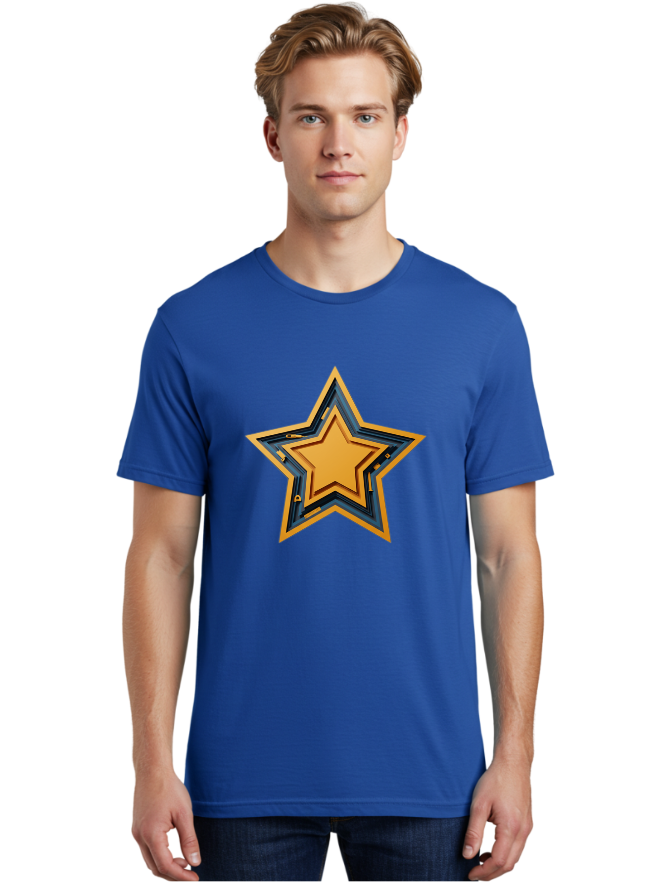 3D-Star Men'S Graphic Tee, 100% Cotton, Comfortable Casual Summer Wear, Machine Washable, Golden Star, Star Symbol, Layered Star, 3D Effect, Golden Color, Blue Outline, Star Icon, Emblem Design, Logo Graphic, Graphic Element Bac576