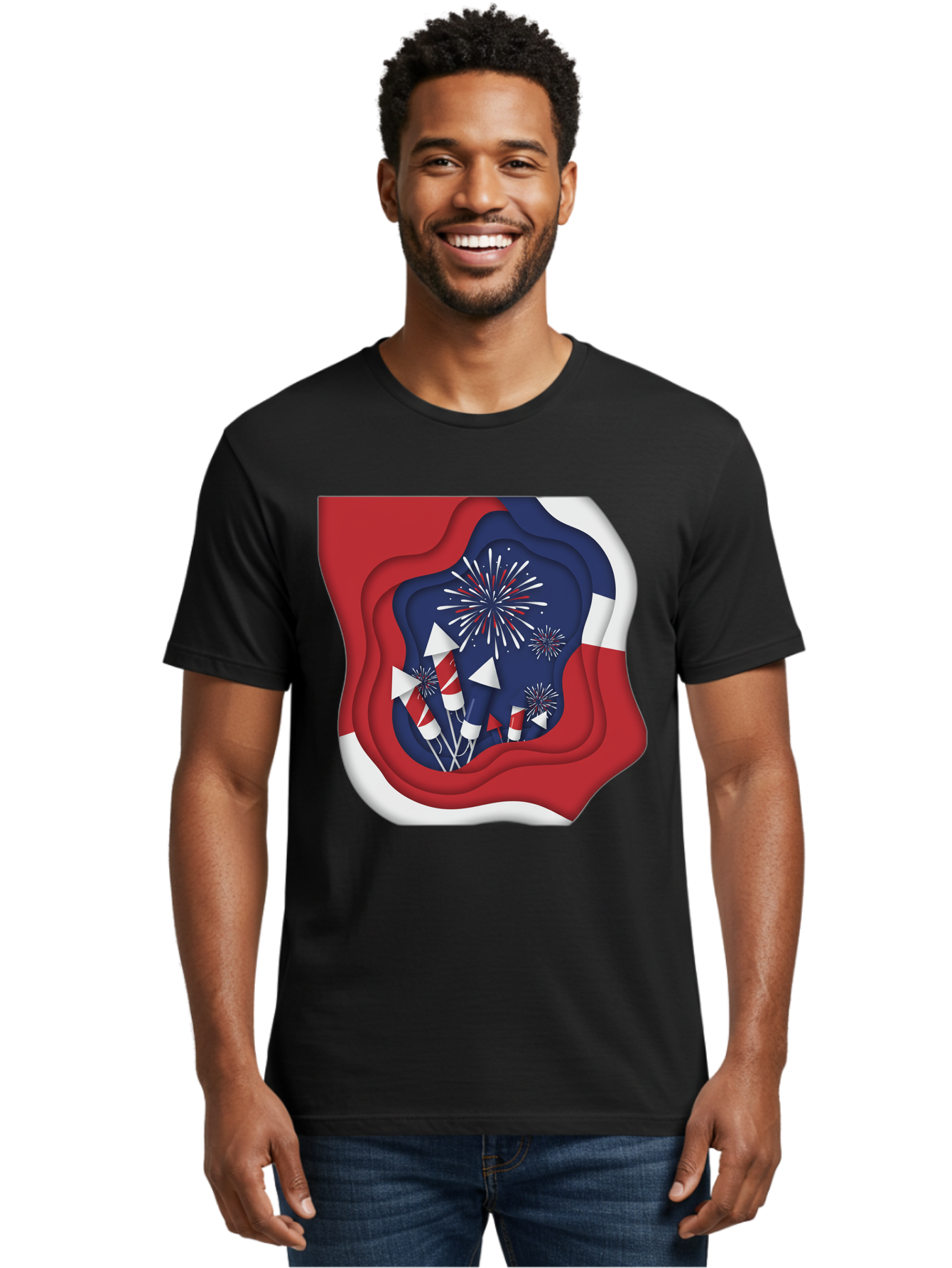 4Th-Of-July-Fireworks Men'S Graphic Tee, 100% Cotton, Comfortable Casual Summer Wear, Machine Washable, 4Th Of July Celebration, Fireworks Display, Patriotic Decor, Red White And Blue, Independence Day, Festive Atmosphere, Layered Paper Art, Bac578