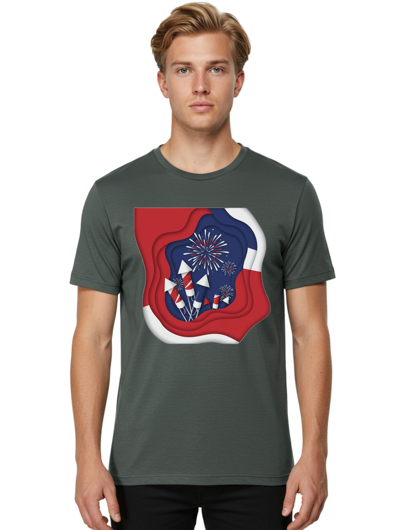4Th-Of-July-Fireworks Men'S Graphic Tee, 100% Cotton, Comfortable Casual Summer Wear, Machine Washable, 4Th Of July Celebration, Fireworks Display, Patriotic Decor, Red White And Blue, Independence Day, Festive Atmosphere, Layered Paper Art, Bac578