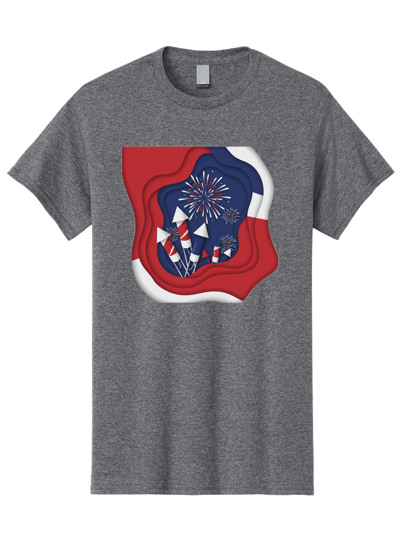 4Th-Of-July-Fireworks Men'S Graphic Tee, 100% Cotton, Comfortable Casual Summer Wear, Machine Washable, 4Th Of July Celebration, Fireworks Display, Patriotic Decor, Red White And Blue, Independence Day, Festive Atmosphere, Layered Paper Art, Bac578