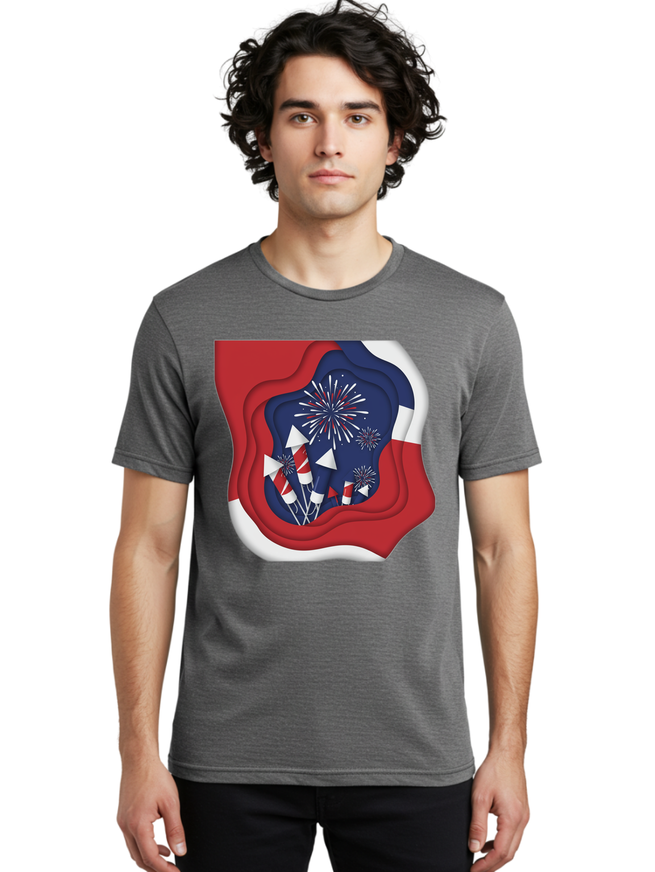4Th-Of-July-Fireworks Men'S Graphic Tee, 100% Cotton, Comfortable Casual Summer Wear, Machine Washable, 4Th Of July Celebration, Fireworks Display, Patriotic Decor, Red White And Blue, Independence Day, Festive Atmosphere, Layered Paper Art, Bac578