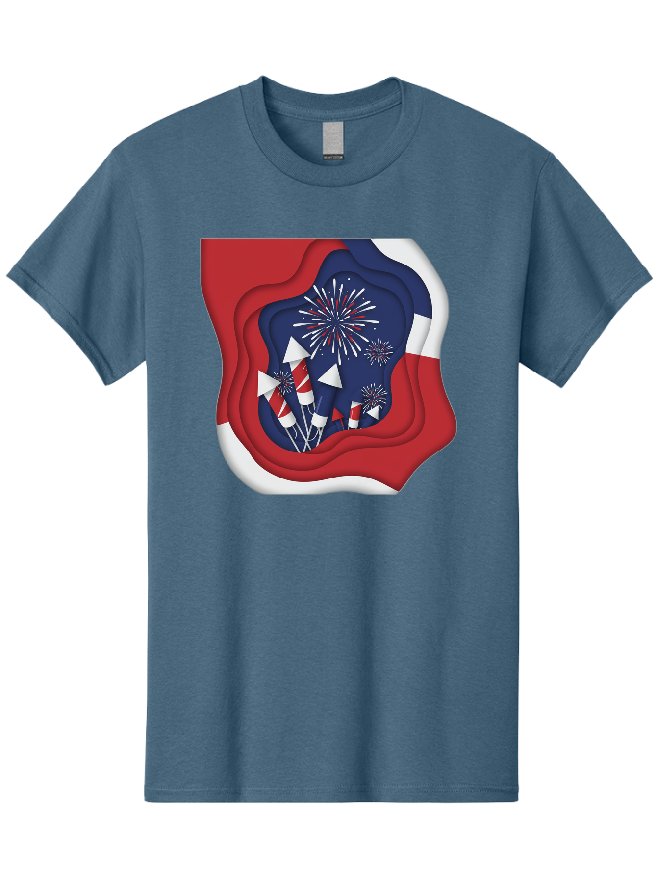 4Th-Of-July-Fireworks Men'S Graphic Tee, 100% Cotton, Comfortable Casual Summer Wear, Machine Washable, 4Th Of July Celebration, Fireworks Display, Patriotic Decor, Red White And Blue, Independence Day, Festive Atmosphere, Layered Paper Art, Bac578