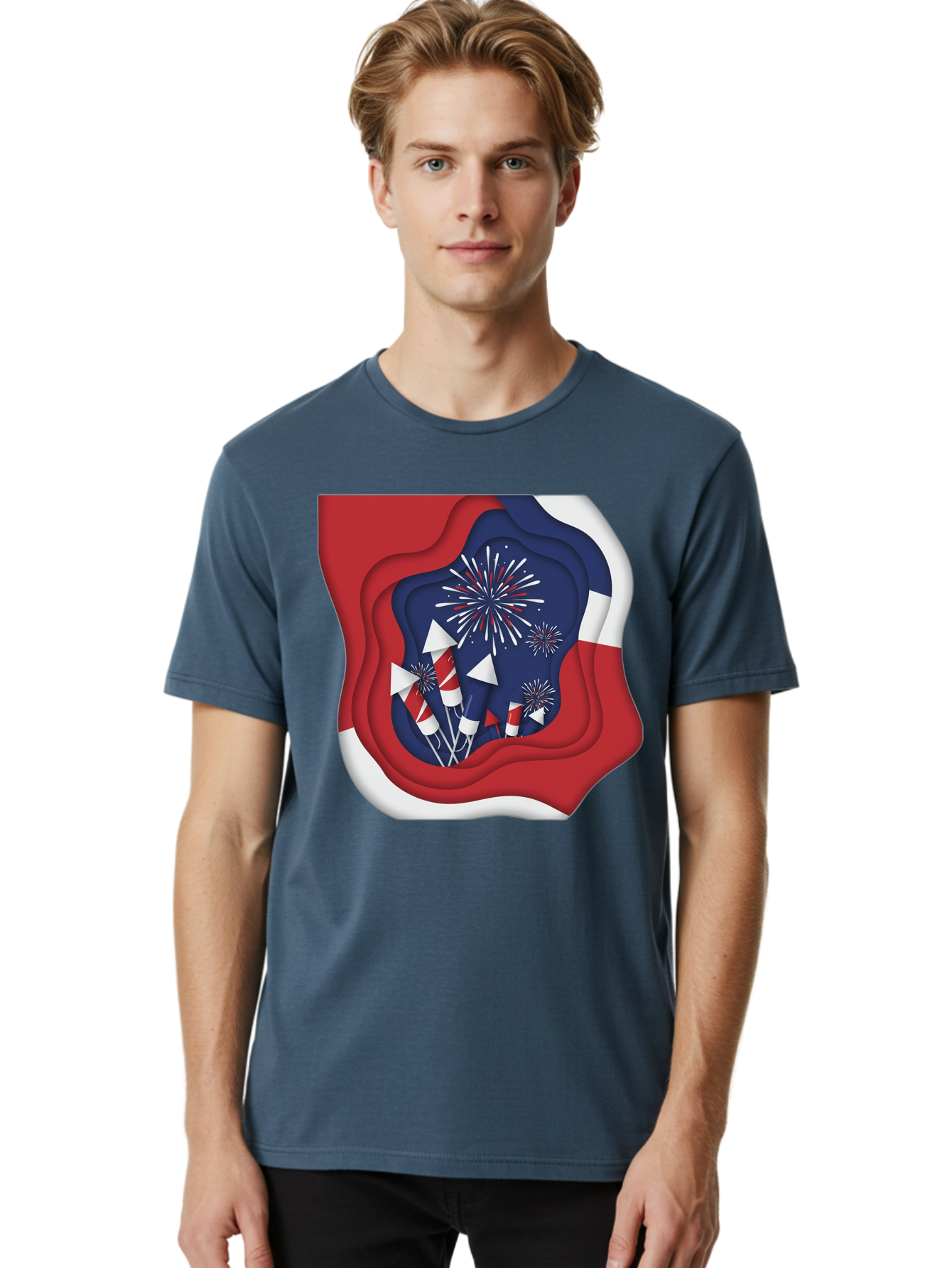 4Th-Of-July-Fireworks Men'S Graphic Tee, 100% Cotton, Comfortable Casual Summer Wear, Machine Washable, 4Th Of July Celebration, Fireworks Display, Patriotic Decor, Red White And Blue, Independence Day, Festive Atmosphere, Layered Paper Art, Bac578