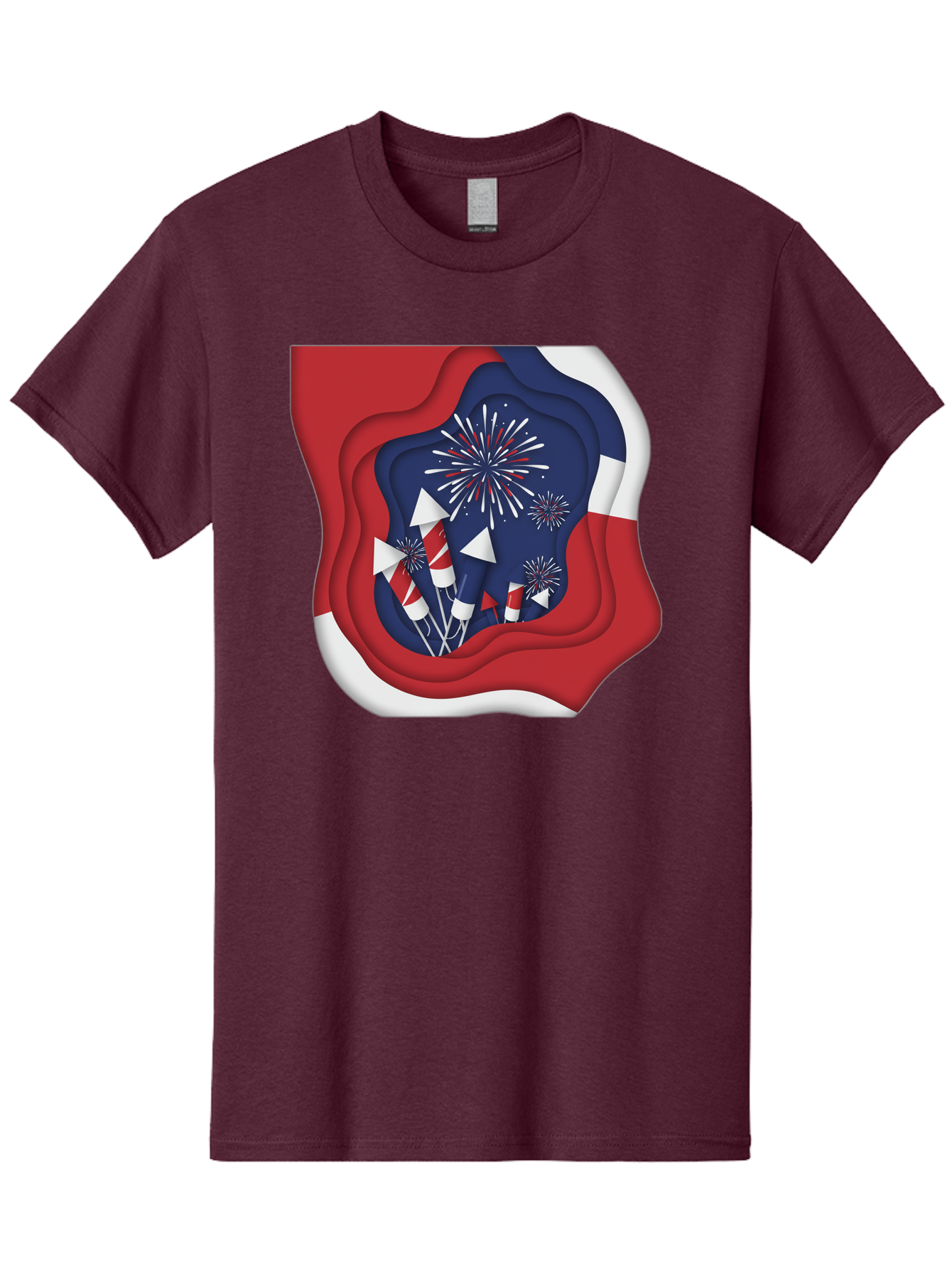 4Th-Of-July-Fireworks Men'S Graphic Tee, 100% Cotton, Comfortable Casual Summer Wear, Machine Washable, 4Th Of July Celebration, Fireworks Display, Patriotic Decor, Red White And Blue, Independence Day, Festive Atmosphere, Layered Paper Art, Bac578