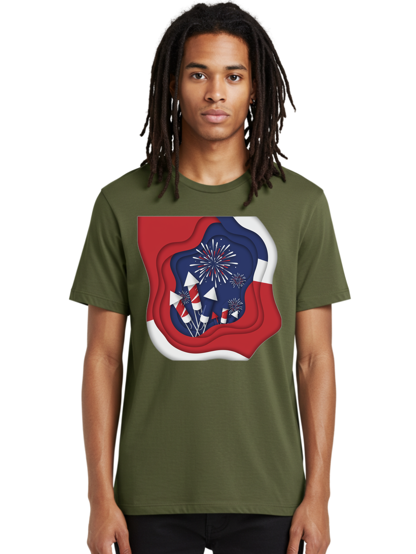 4Th-Of-July-Fireworks Men'S Graphic Tee, 100% Cotton, Comfortable Casual Summer Wear, Machine Washable, 4Th Of July Celebration, Fireworks Display, Patriotic Decor, Red White And Blue, Independence Day, Festive Atmosphere, Layered Paper Art, Bac578