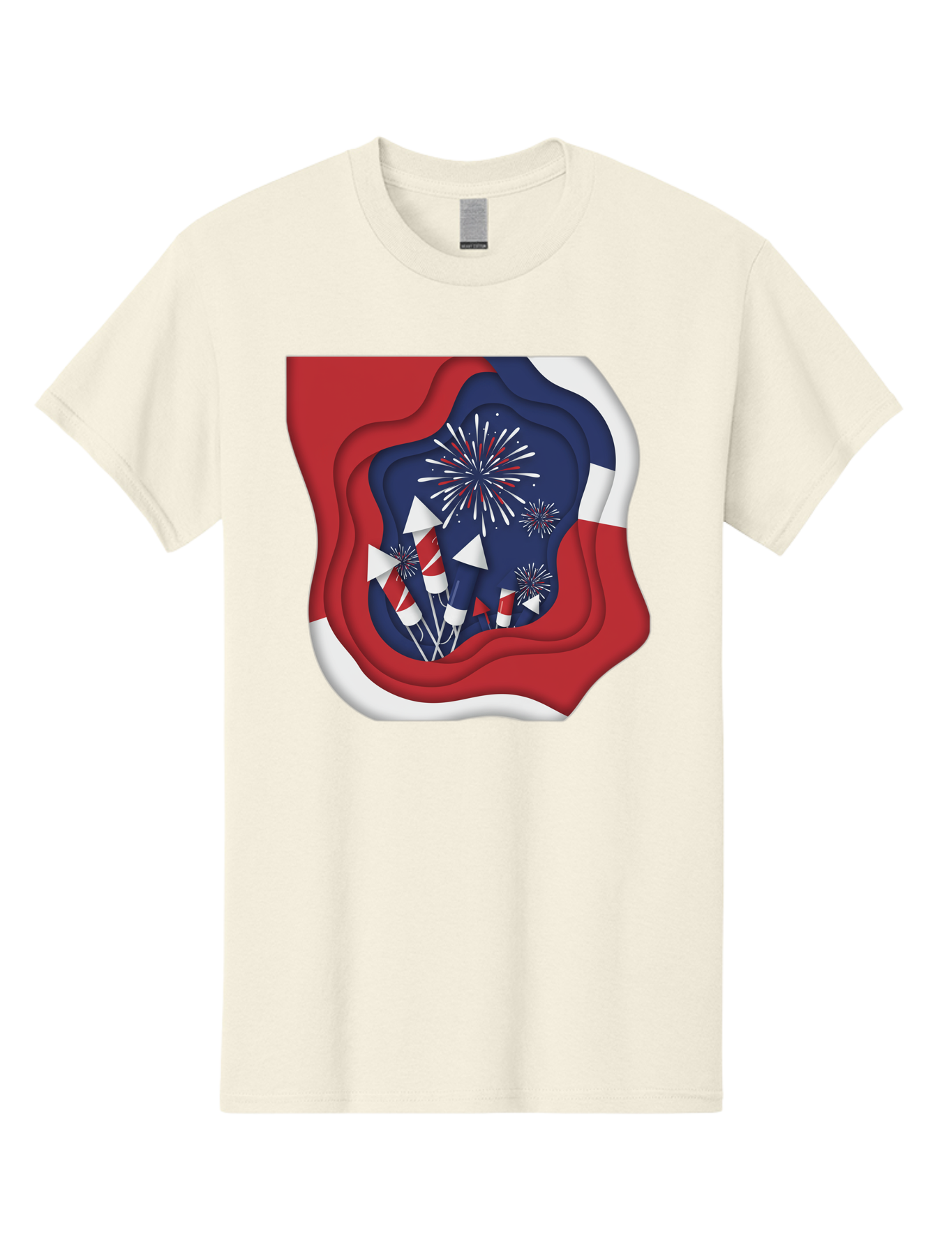 4Th-Of-July-Fireworks Men'S Graphic Tee, 100% Cotton, Comfortable Casual Summer Wear, Machine Washable, 4Th Of July Celebration, Fireworks Display, Patriotic Decor, Red White And Blue, Independence Day, Festive Atmosphere, Layered Paper Art, Bac578
