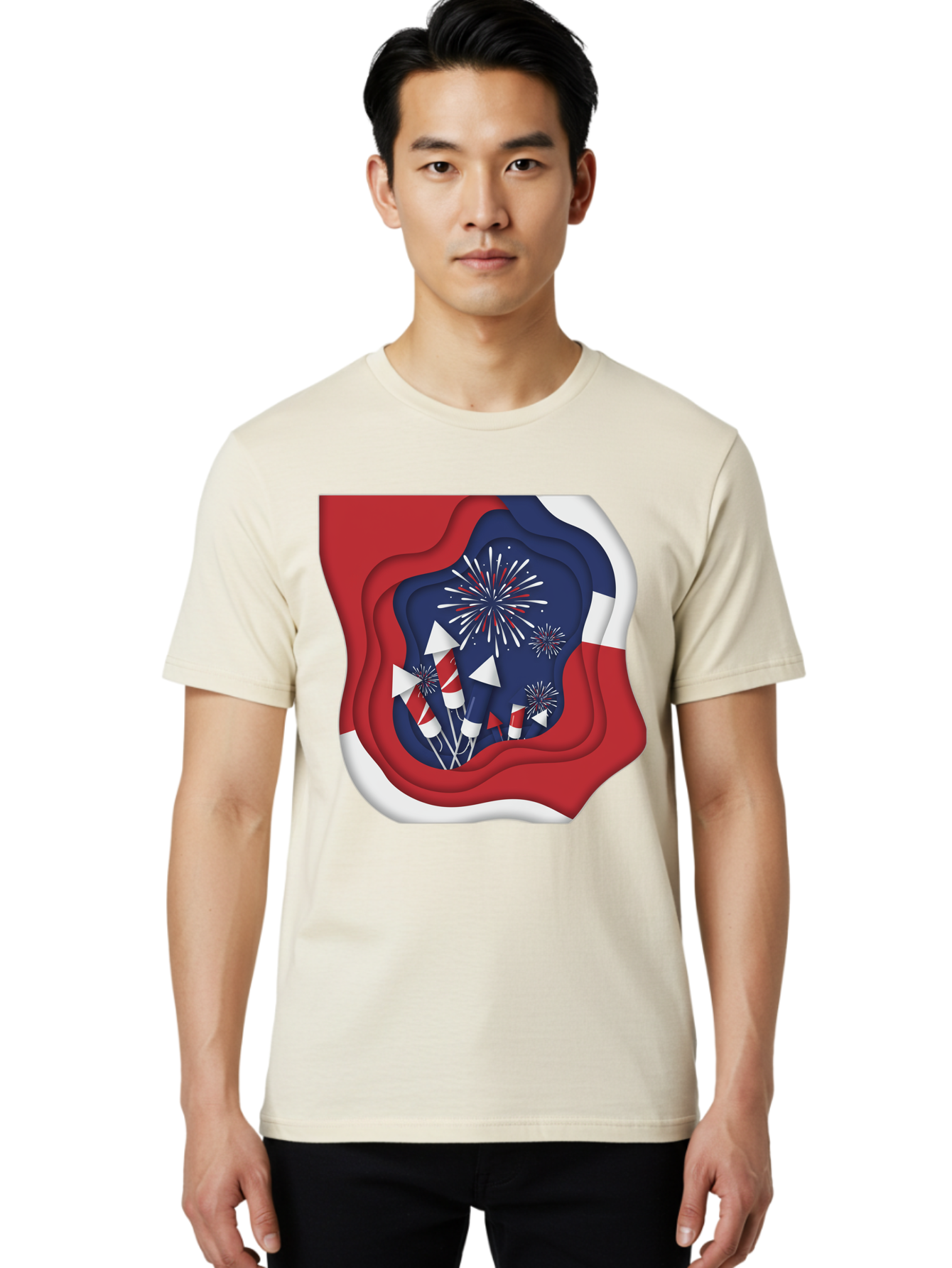 4Th-Of-July-Fireworks Men'S Graphic Tee, 100% Cotton, Comfortable Casual Summer Wear, Machine Washable, 4Th Of July Celebration, Fireworks Display, Patriotic Decor, Red White And Blue, Independence Day, Festive Atmosphere, Layered Paper Art, Bac578