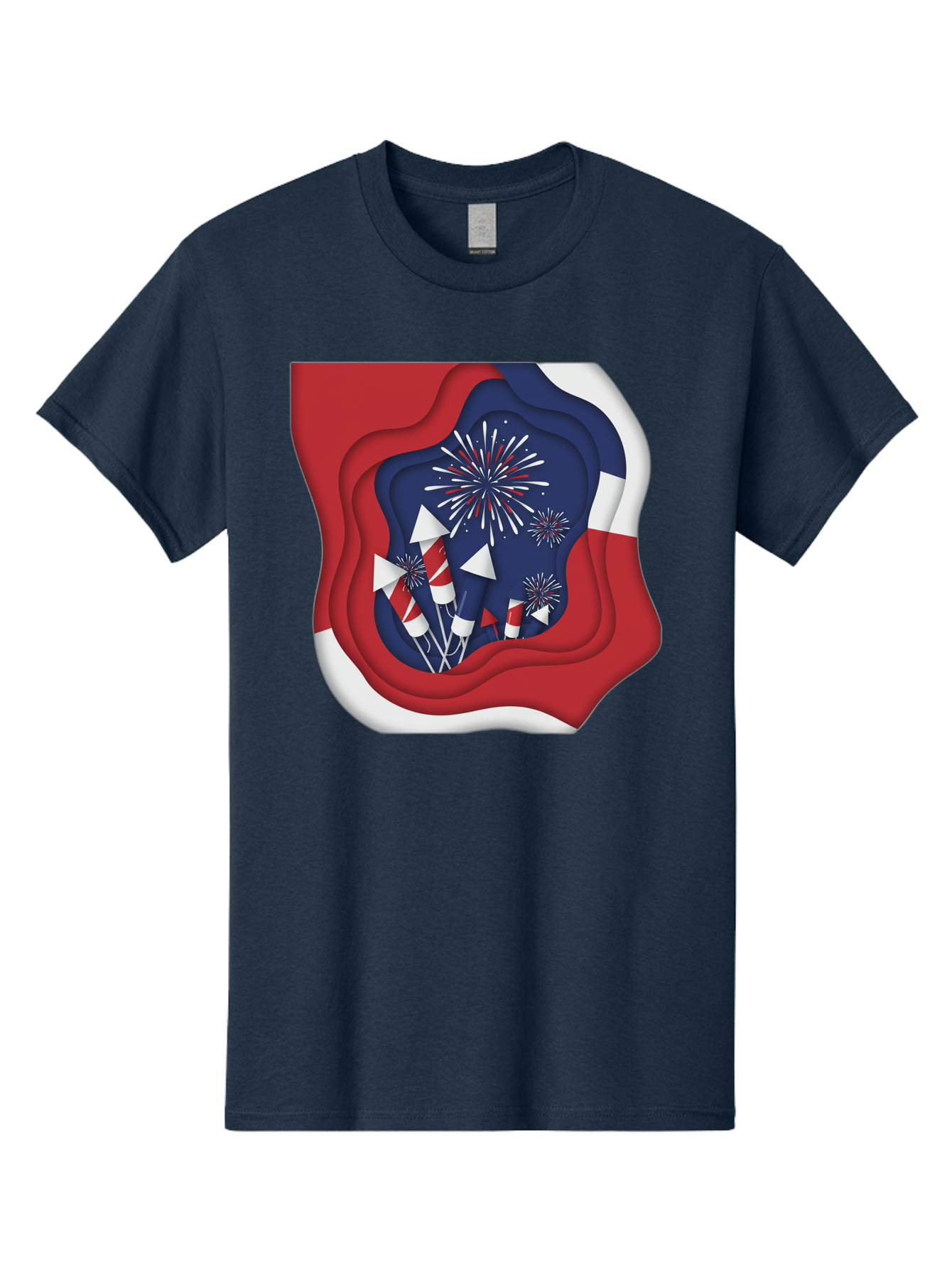 4Th-Of-July-Fireworks Men'S Graphic Tee, 100% Cotton, Comfortable Casual Summer Wear, Machine Washable, 4Th Of July Celebration, Fireworks Display, Patriotic Decor, Red White And Blue, Independence Day, Festive Atmosphere, Layered Paper Art, Bac578