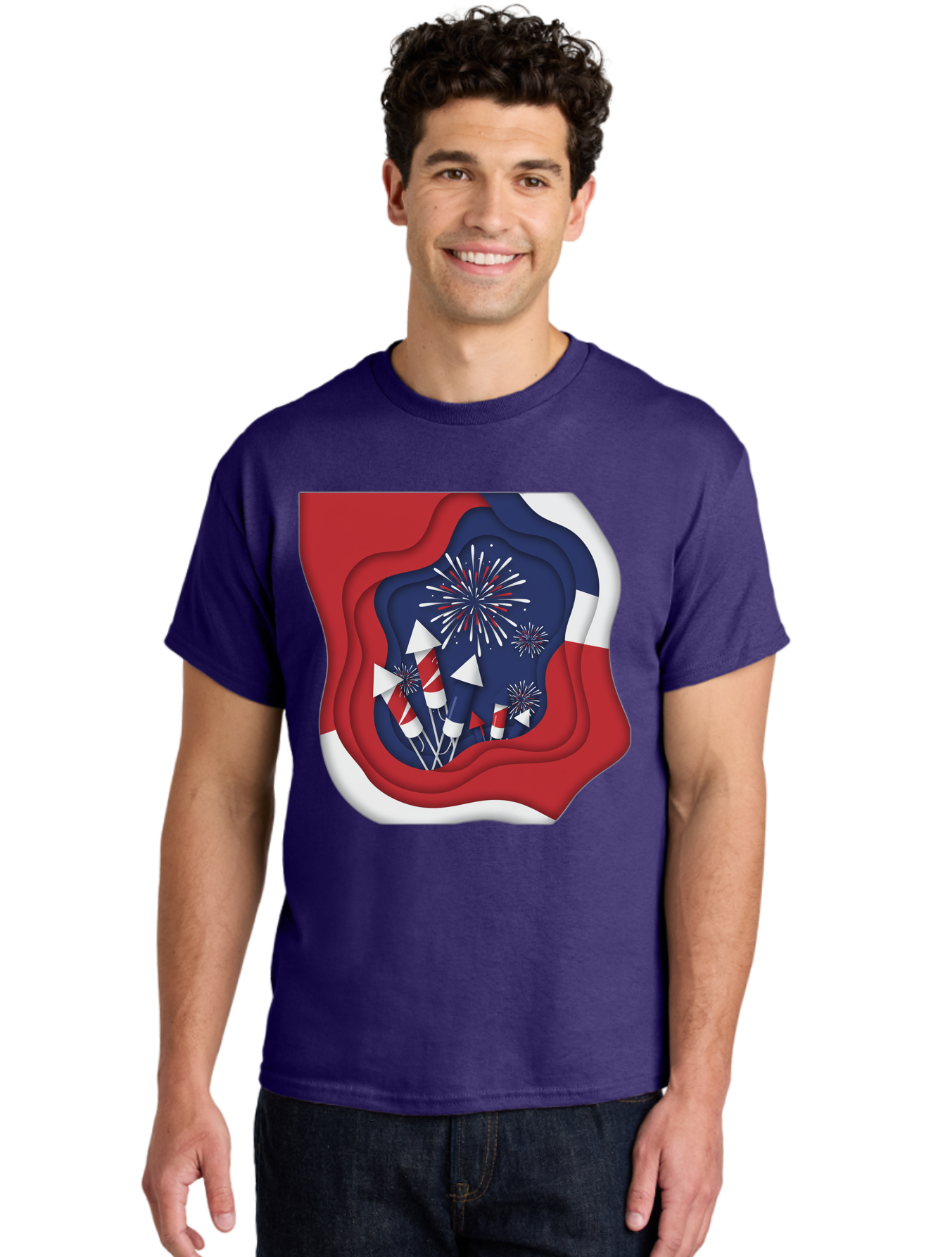 4Th-Of-July-Fireworks Men'S Graphic Tee, 100% Cotton, Comfortable Casual Summer Wear, Machine Washable, 4Th Of July Celebration, Fireworks Display, Patriotic Decor, Red White And Blue, Independence Day, Festive Atmosphere, Layered Paper Art, Bac578