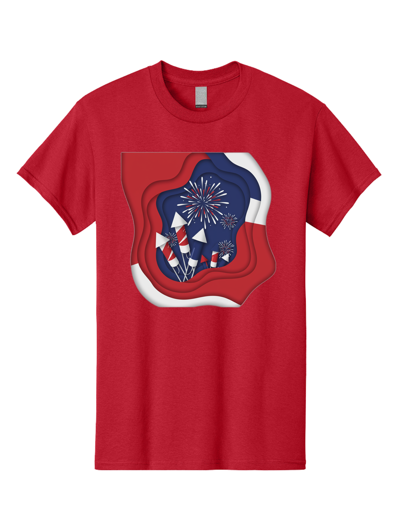4Th-Of-July-Fireworks Men'S Graphic Tee, 100% Cotton, Comfortable Casual Summer Wear, Machine Washable, 4Th Of July Celebration, Fireworks Display, Patriotic Decor, Red White And Blue, Independence Day, Festive Atmosphere, Layered Paper Art, Bac578