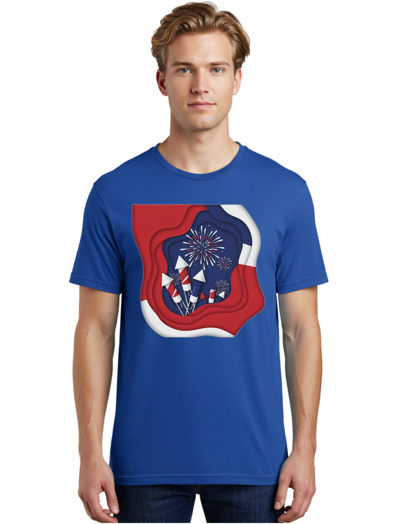4Th-Of-July-Fireworks Men'S Graphic Tee, 100% Cotton, Comfortable Casual Summer Wear, Machine Washable, 4Th Of July Celebration, Fireworks Display, Patriotic Decor, Red White And Blue, Independence Day, Festive Atmosphere, Layered Paper Art, Bac578