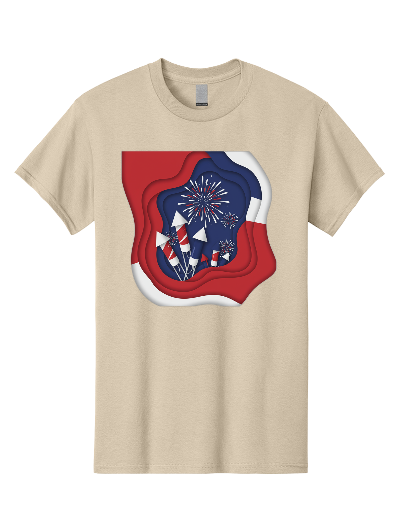 4Th-Of-July-Fireworks Men'S Graphic Tee, 100% Cotton, Comfortable Casual Summer Wear, Machine Washable, 4Th Of July Celebration, Fireworks Display, Patriotic Decor, Red White And Blue, Independence Day, Festive Atmosphere, Layered Paper Art, Bac578