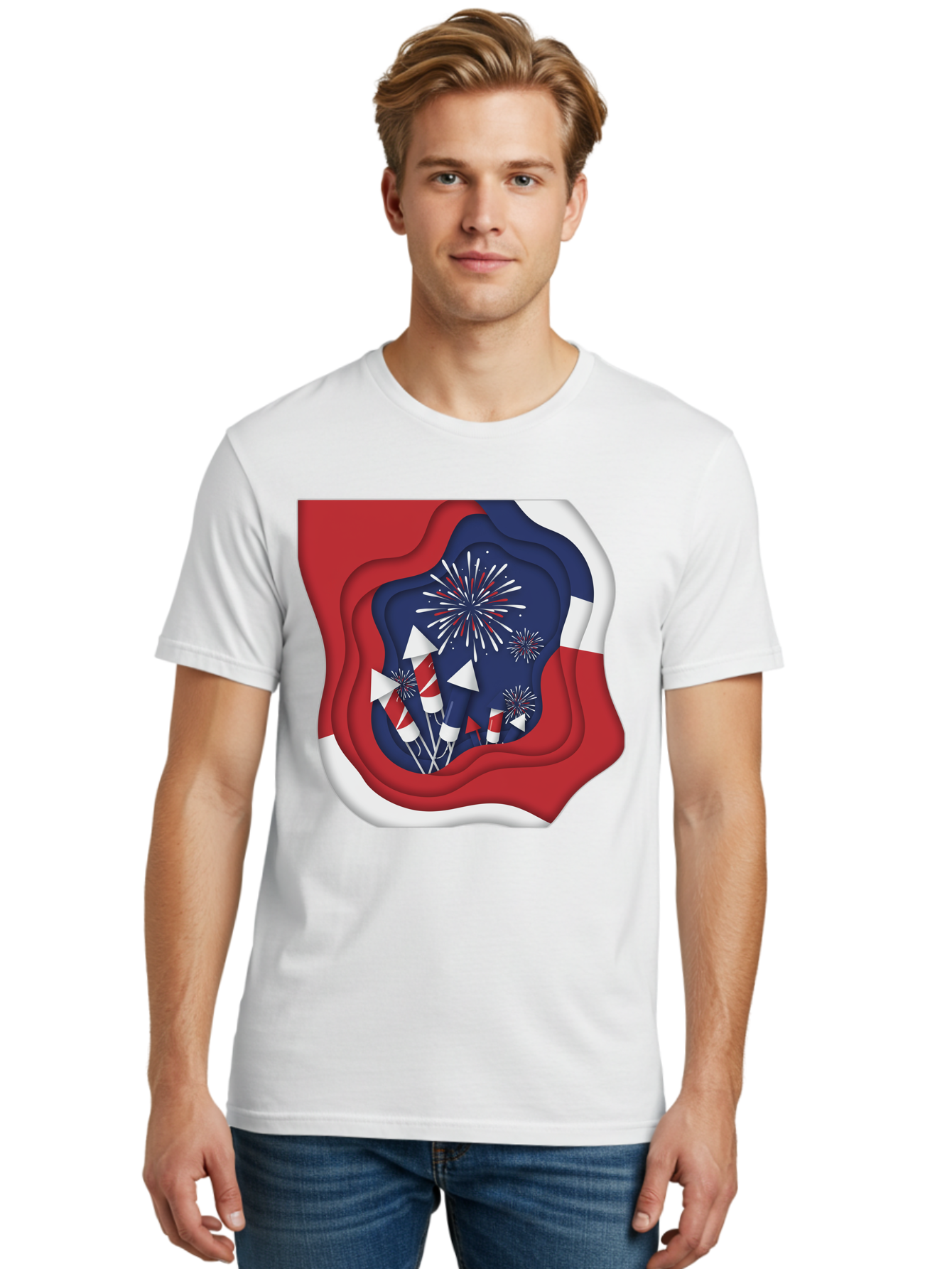 4Th-Of-July-Fireworks Men'S Graphic Tee, 100% Cotton, Comfortable Casual Summer Wear, Machine Washable, 4Th Of July Celebration, Fireworks Display, Patriotic Decor, Red White And Blue, Independence Day, Festive Atmosphere, Layered Paper Art, Bac578