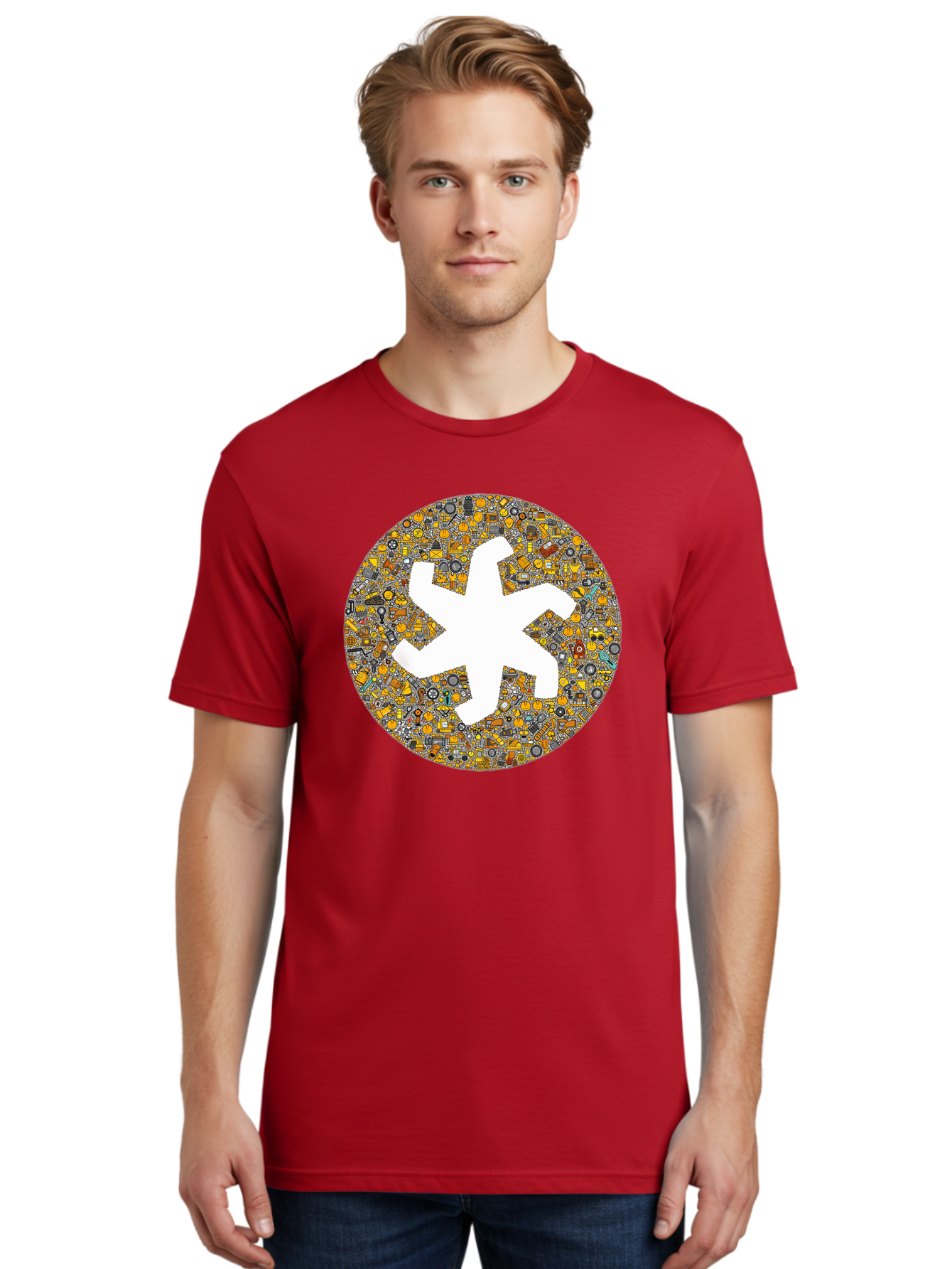 Airplane-Silhouette-Mosaic Men'S Graphic Tee, 100% Cotton, Comfortable Casual Summer Wear, Machine Washable, Airplane Silhouette, Yellow And Gray Mosaic, Machinery Parts, Industrial Theme, Creative Design, Travel Concept, Abstract Art, Bac581