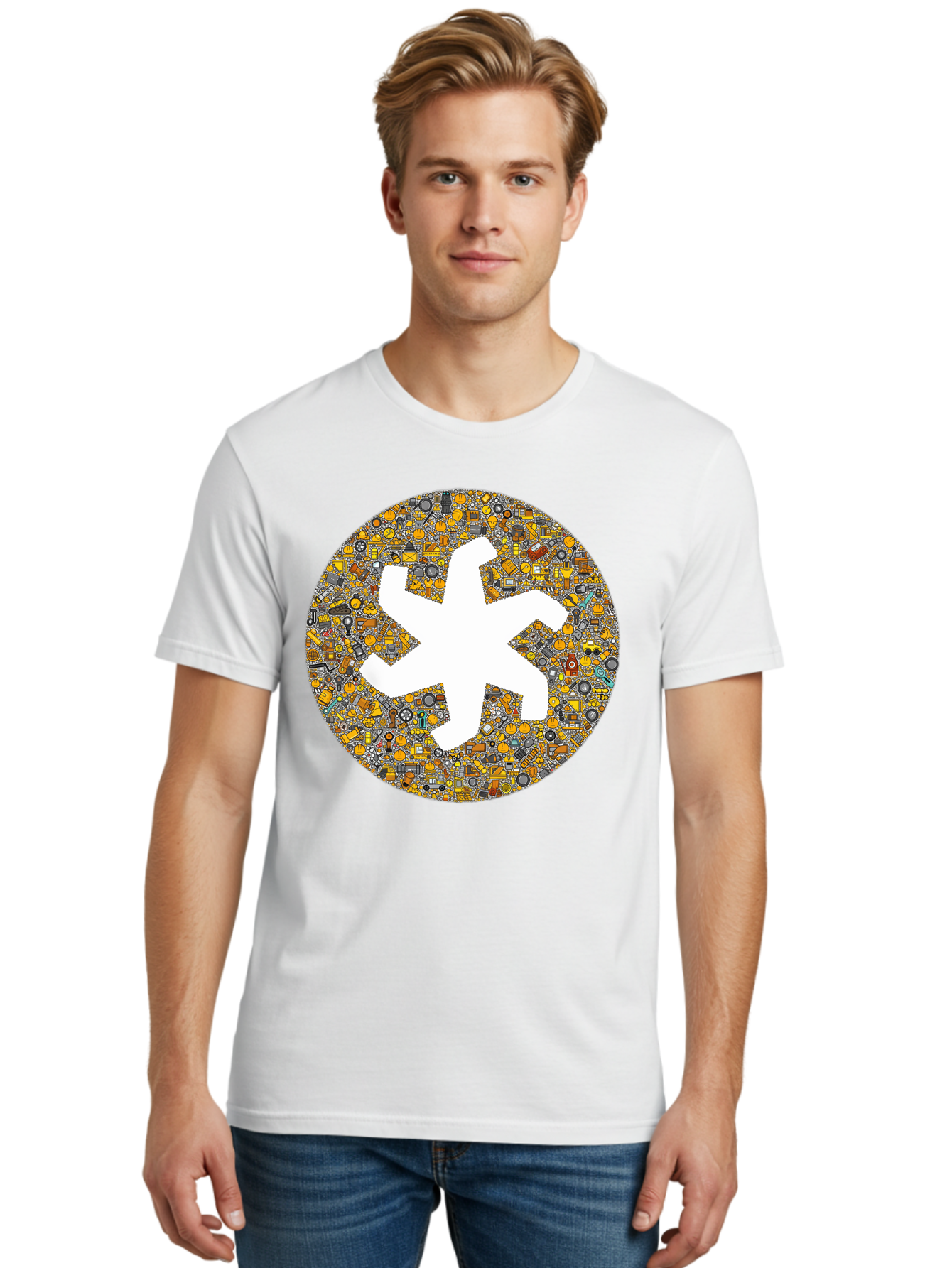 Airplane-Silhouette-Mosaic Men'S Graphic Tee, 100% Cotton, Comfortable Casual Summer Wear, Machine Washable, Airplane Silhouette, Yellow And Gray Mosaic, Machinery Parts, Industrial Theme, Creative Design, Travel Concept, Abstract Art, Bac581