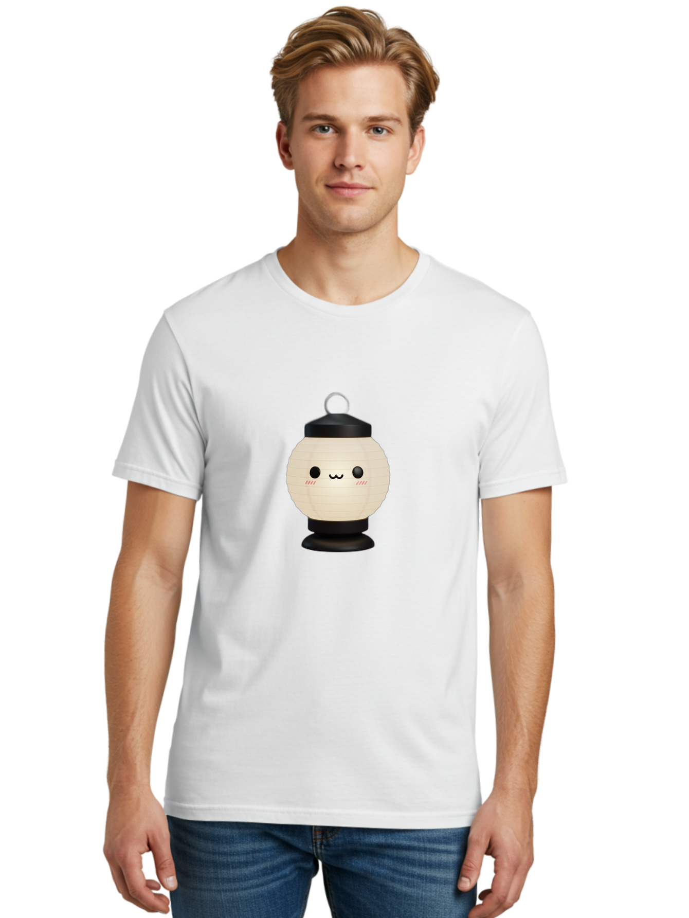 Akari-Chan-Lantern Men'S Graphic Tee, 100% Cotton, Comfortable Casual Summer Wear, Machine Washable, Kawaii Lantern, Japanese Culture, Paper Lantern, Cute Face, Emoticon, Illustration, Cartoon Style, Minimalist Design, Simple Art, Round Shape, Bac582