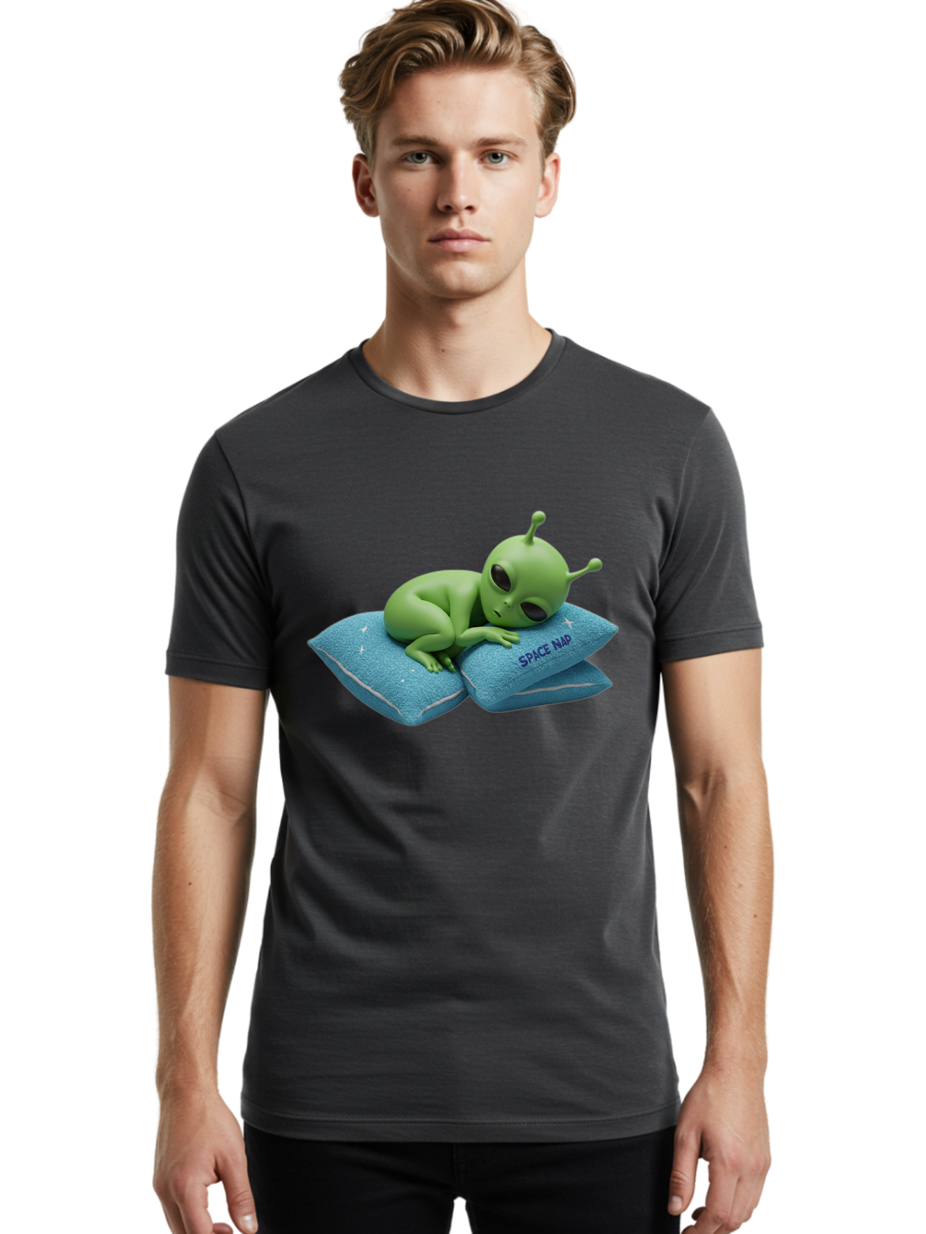 Alien-Sleeping-On-Pillows Men'S Graphic Tee, 100% Cotton, Comfortable Casual Summer Wear, Machine Washable, Alien Resting On Pillows, Extraterrestrial Being, Space Map, Stars, Sleepy Alien, Cute Cartoon Character, 3D Illustration, Funny Meme Bac583
