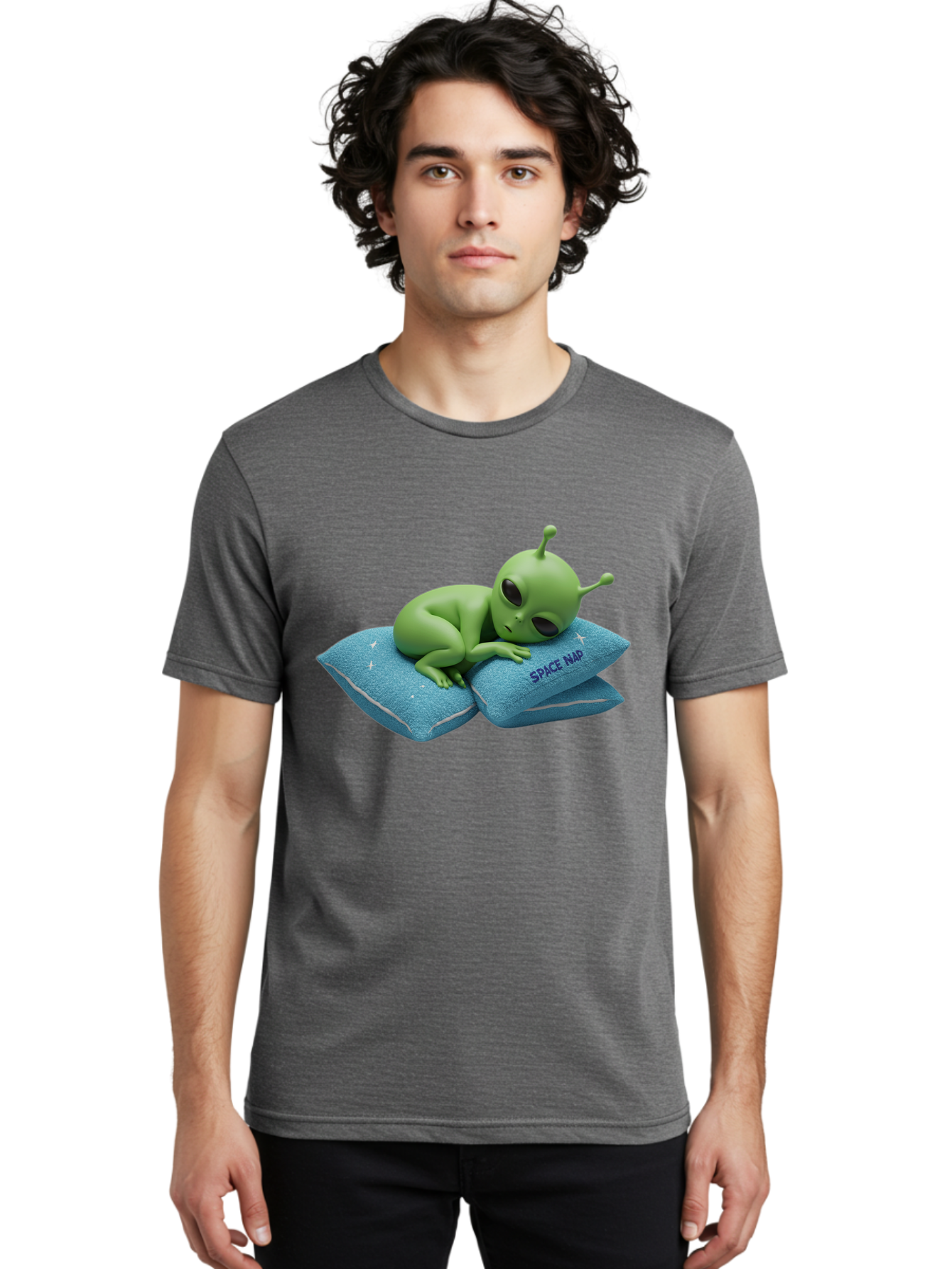Alien-Sleeping-On-Pillows Men'S Graphic Tee, 100% Cotton, Comfortable Casual Summer Wear, Machine Washable, Alien Resting On Pillows, Extraterrestrial Being, Space Map, Stars, Sleepy Alien, Cute Cartoon Character, 3D Illustration, Funny Meme Bac583