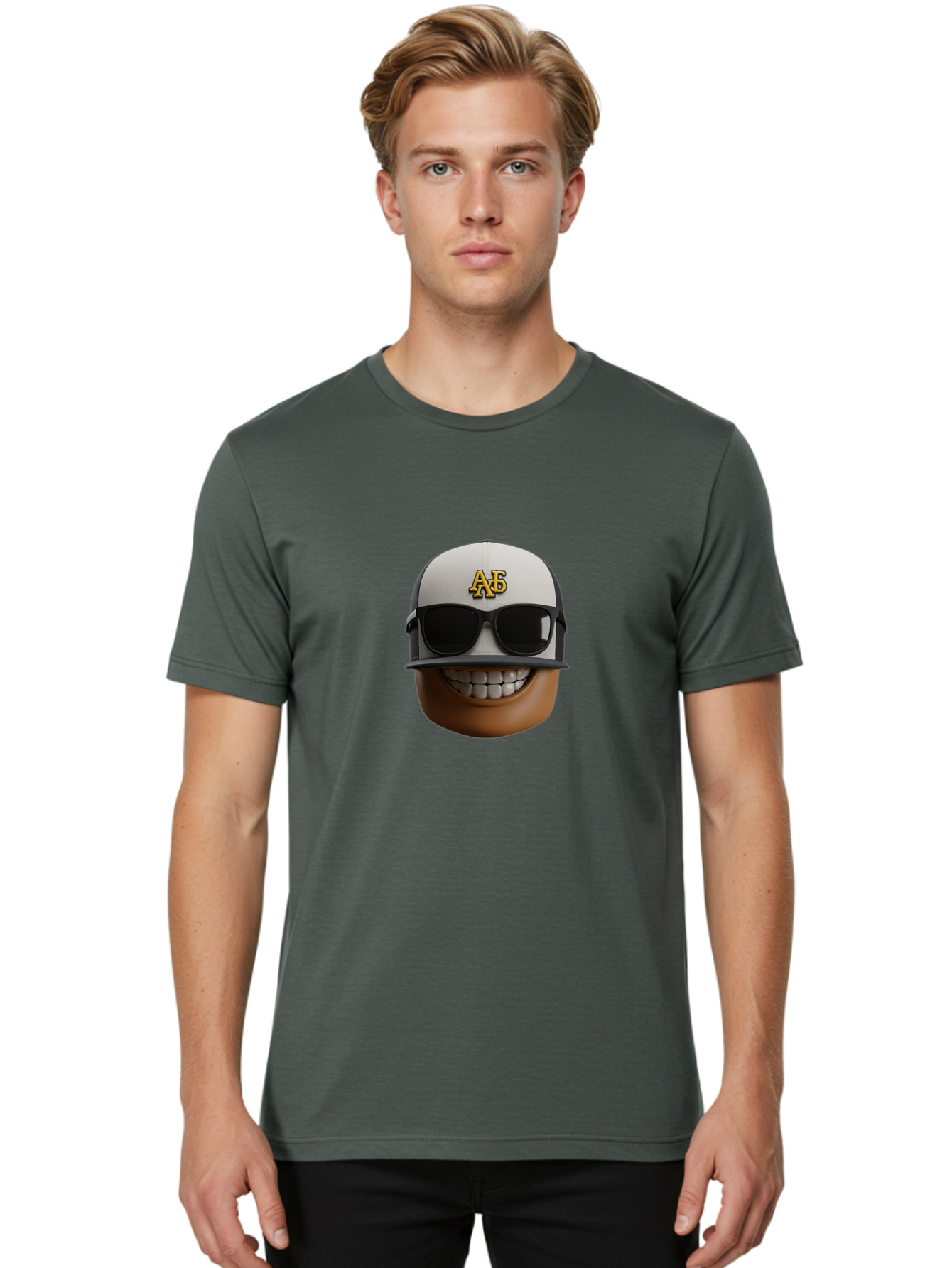 Alpha-Phi-Alpha-Emoji Men'S Graphic Tee, 100% Cotton, Comfortable Casual Summer Wear, Machine Washable, Smiling Face, Sunglasses, Baseball Cap, White Hat, Greek Letters, Alpha Phi Alpha, Fraternity Symbol, Cool Guy, Happy Expression, Bac584