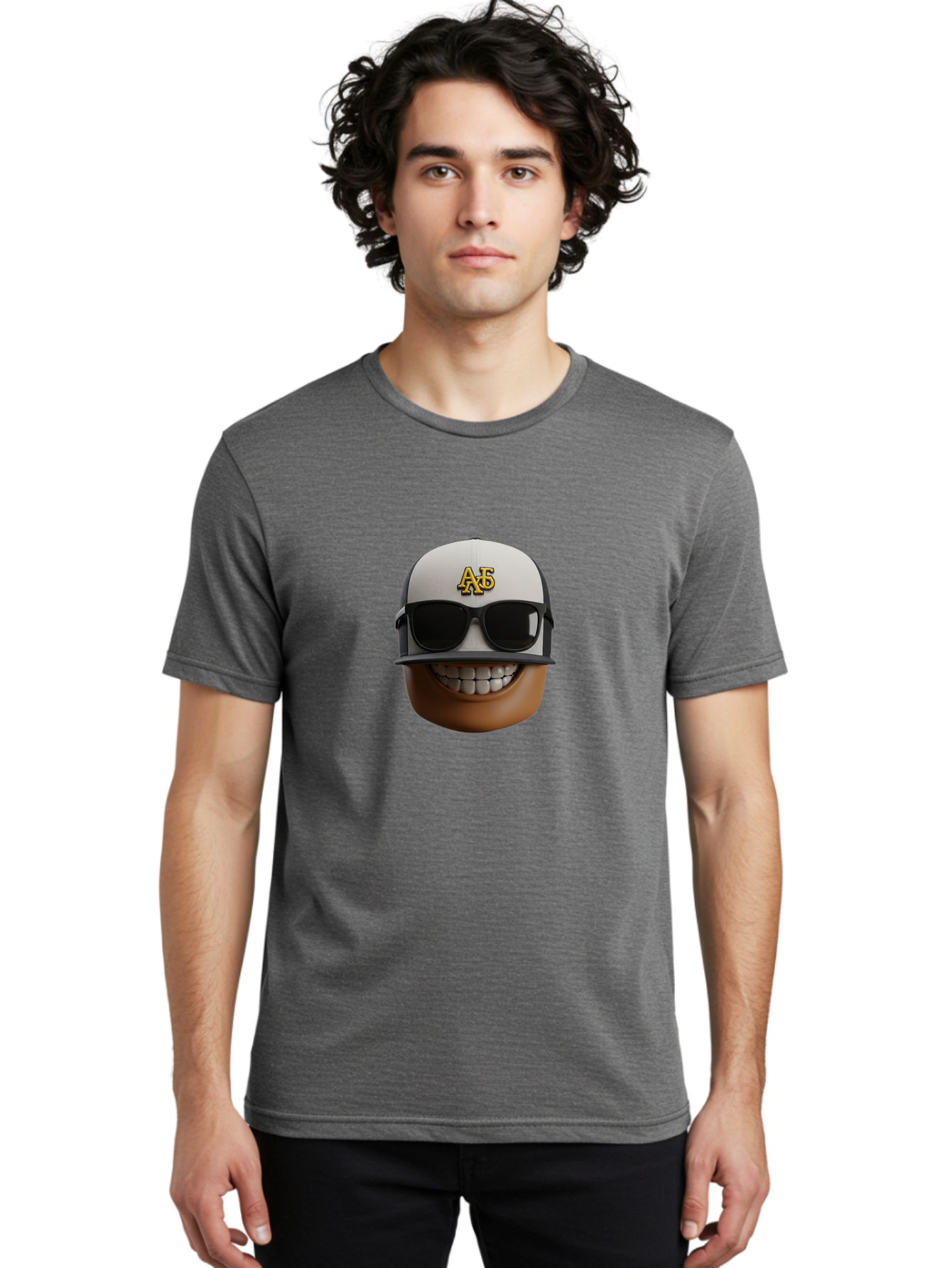 Alpha-Phi-Alpha-Emoji Men'S Graphic Tee, 100% Cotton, Comfortable Casual Summer Wear, Machine Washable, Smiling Face, Sunglasses, Baseball Cap, White Hat, Greek Letters, Alpha Phi Alpha, Fraternity Symbol, Cool Guy, Happy Expression, Bac584