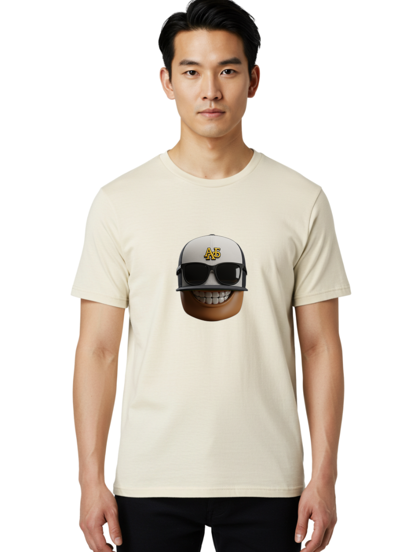 Alpha-Phi-Alpha-Emoji Men'S Graphic Tee, 100% Cotton, Comfortable Casual Summer Wear, Machine Washable, Smiling Face, Sunglasses, Baseball Cap, White Hat, Greek Letters, Alpha Phi Alpha, Fraternity Symbol, Cool Guy, Happy Expression, Bac584