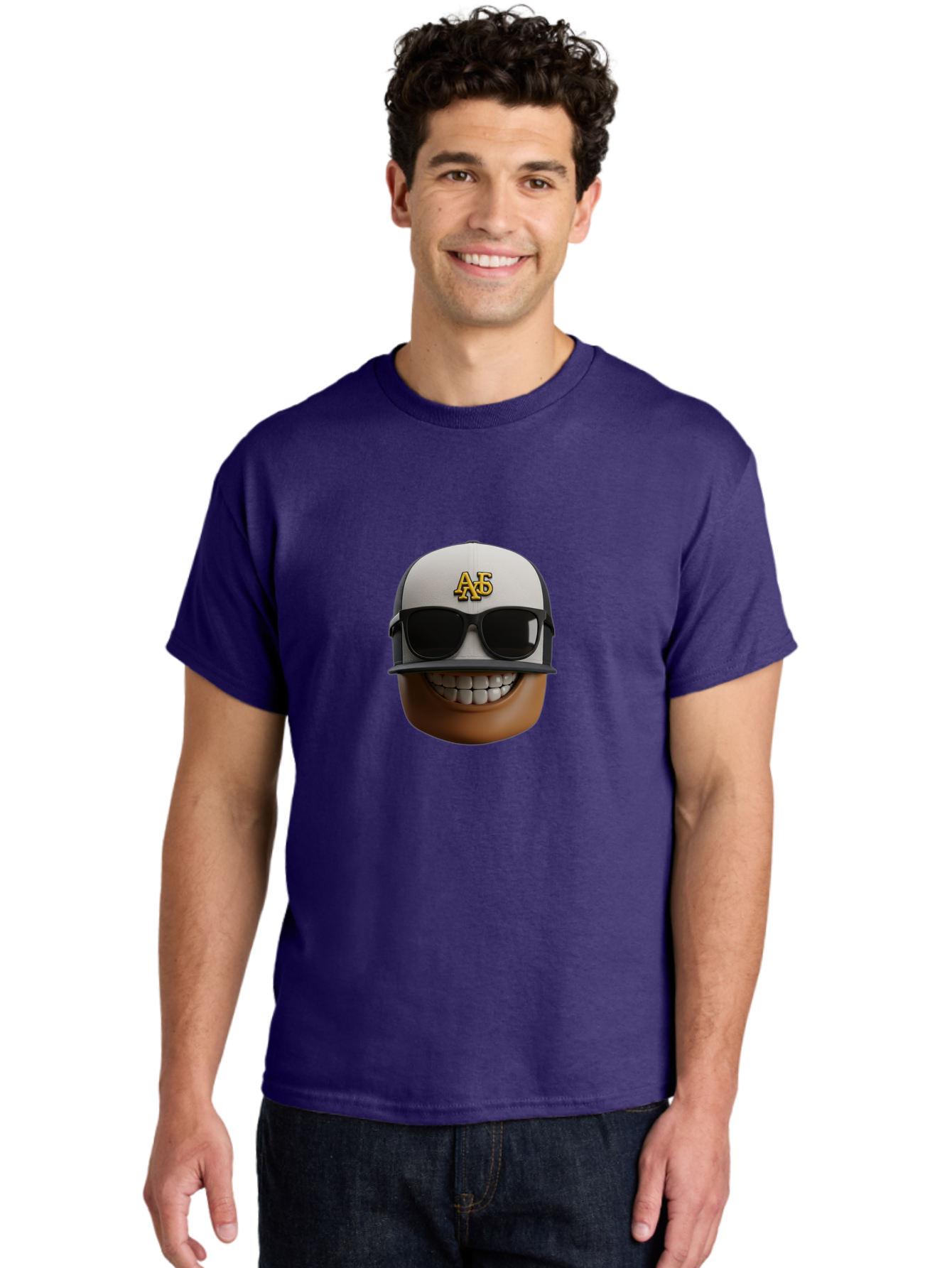 Alpha-Phi-Alpha-Emoji Men'S Graphic Tee, 100% Cotton, Comfortable Casual Summer Wear, Machine Washable, Smiling Face, Sunglasses, Baseball Cap, White Hat, Greek Letters, Alpha Phi Alpha, Fraternity Symbol, Cool Guy, Happy Expression, Bac584