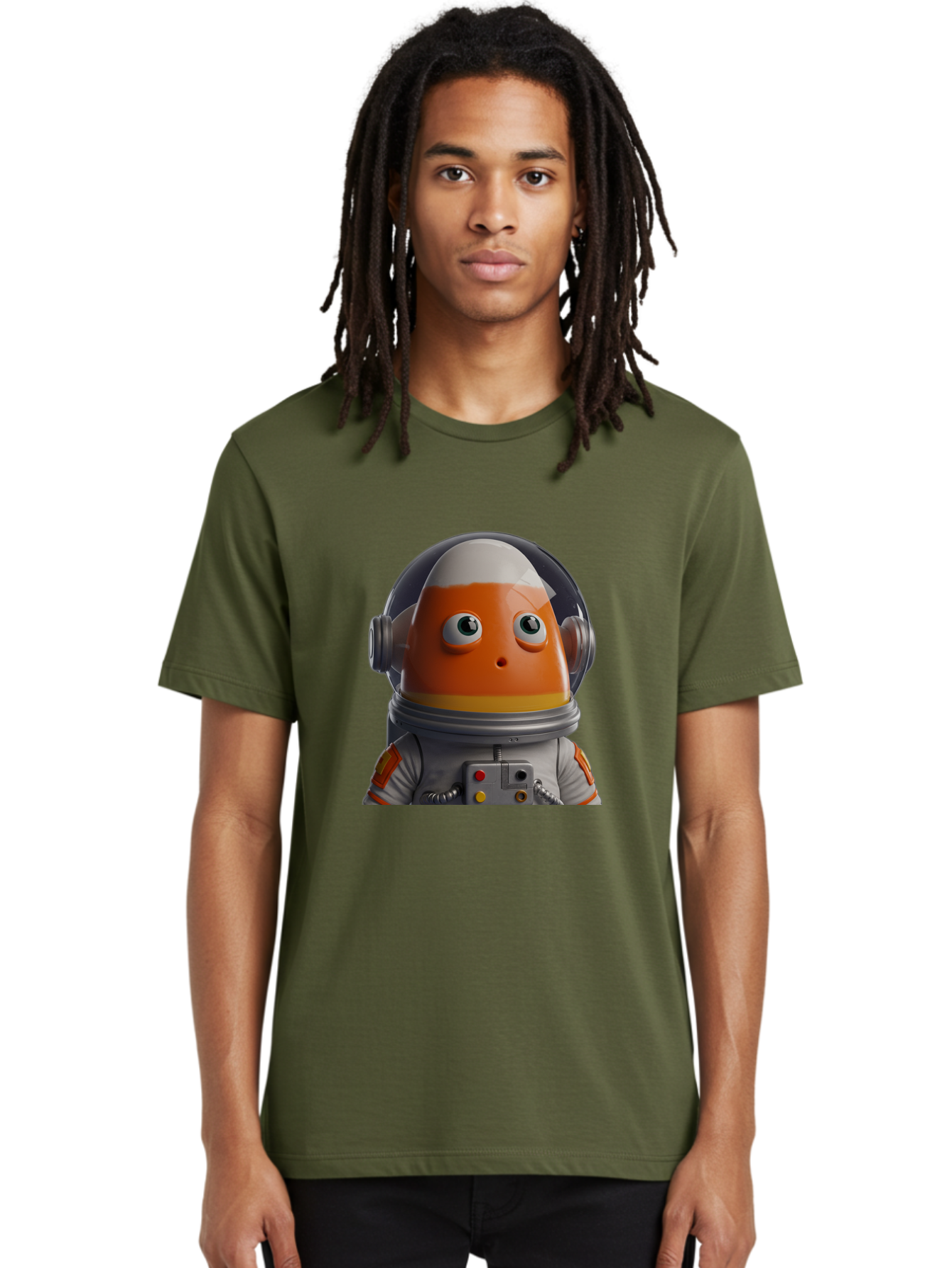 Astronaut-Fish Men'S Graphic Tee, 100% Cotton, Comfortable Casual Summer Wear, Machine Washable, Futuristic Astronaut, Candy-Themed Space Suit, Orange And White Colors, Cartoon-Style Character, Space Exploration, Sci-Fi Elements, Bac589