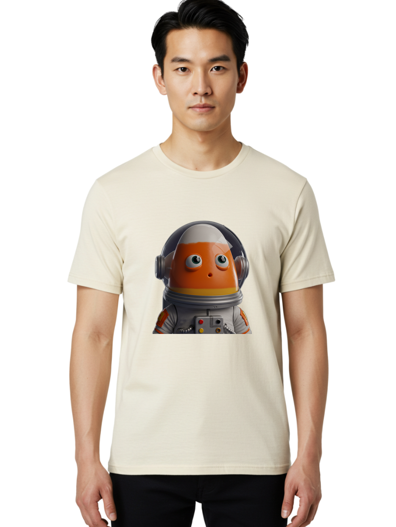 Astronaut-Fish Men'S Graphic Tee, 100% Cotton, Comfortable Casual Summer Wear, Machine Washable, Futuristic Astronaut, Candy-Themed Space Suit, Orange And White Colors, Cartoon-Style Character, Space Exploration, Sci-Fi Elements, Bac589